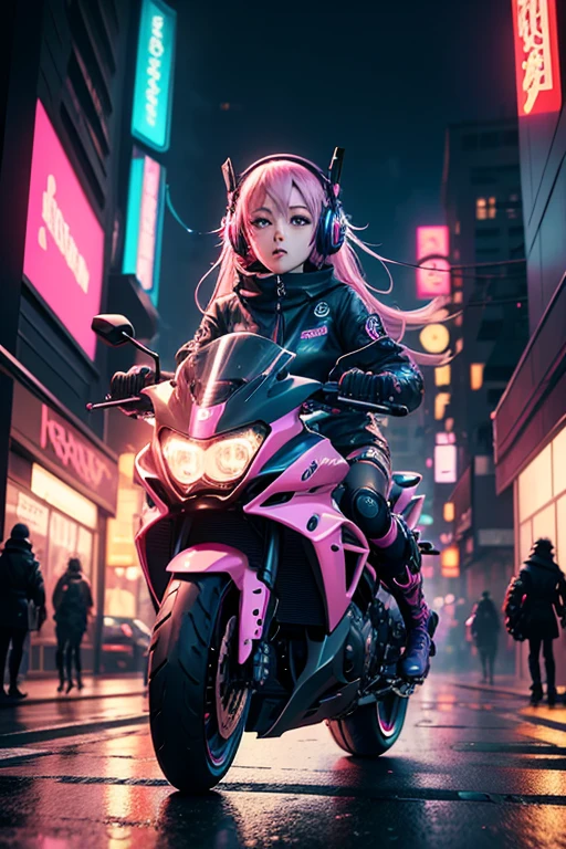Anime art,cyberpunk,colorful hair,cute anime girl,detailed anime eyes,detailed anime lips,anime art with headphones,cybernetic enhancements,pink neon lights,futuristic cityscape,high-tech motorcycles,anime girl riding a motorcycle through the city,bustling streets at night,glowing signs,gritty urban environment,rain-soaked streets,anime art style,photorealistic details,high-res illustration,vibrant colors,stylish character design,cool poses,fast-paced action sequence,emotionally charged atmosphere.