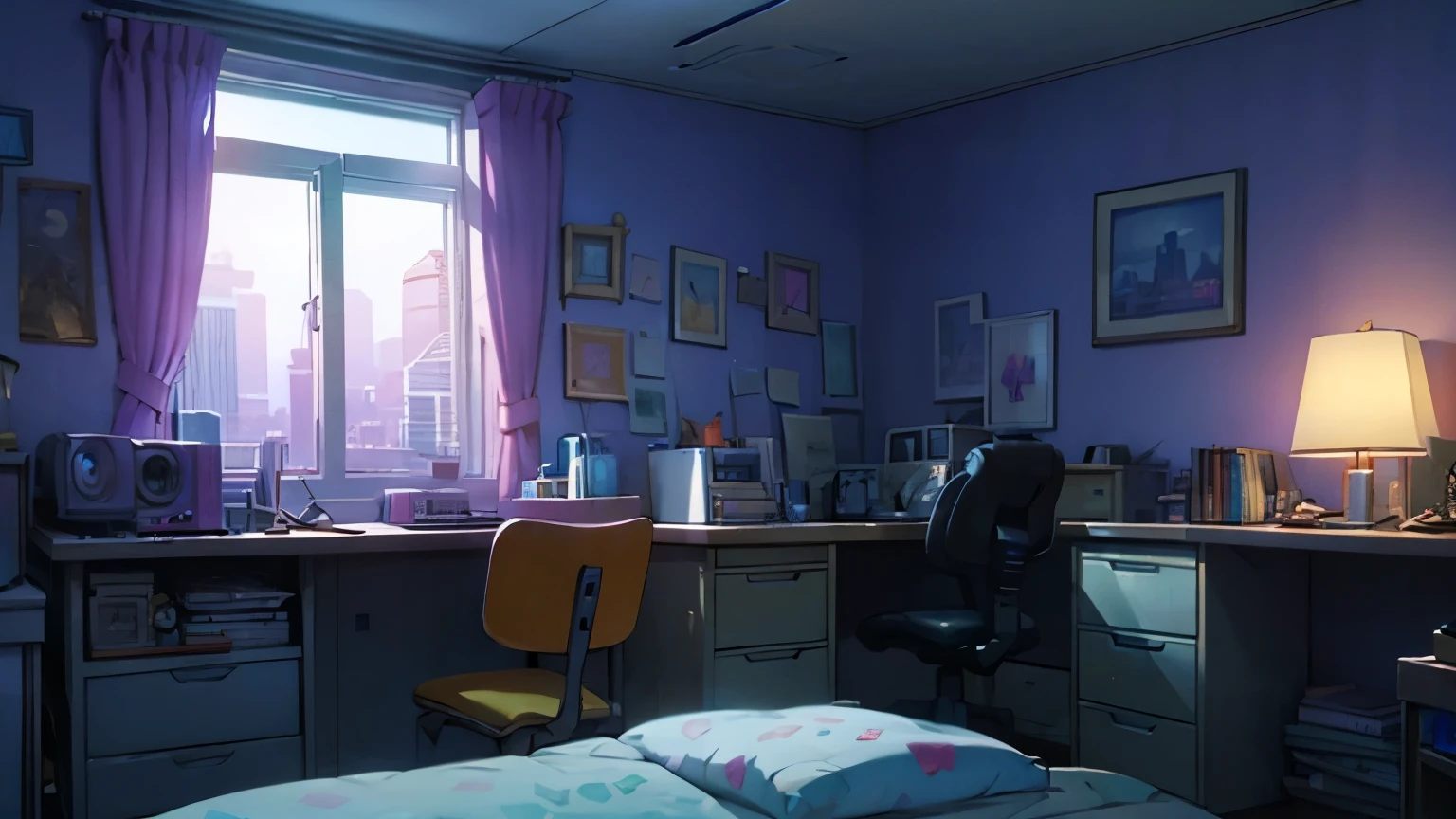 3d animation cinematic still of a cozy room, big windows with city view at night, crested moon, melancholic, sad vibes, bed is unmade, computer desk, cluttered with the mismatched furniture, The otaku style posters on the walls and the guitar in the corner,in style of Pixar, Disney, vaporwave
