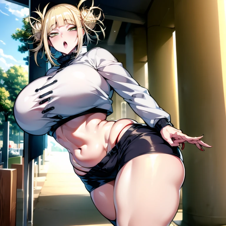 Super-detailed, 8k HD, Himiko Toga (My Hero Academia), 1 girl, solo, blonde hair, detailed hand and face, ahegao face, busty body, curvy body, big breast, large butt, slender abs, crop top and hot pants, jacket, walking around the mall