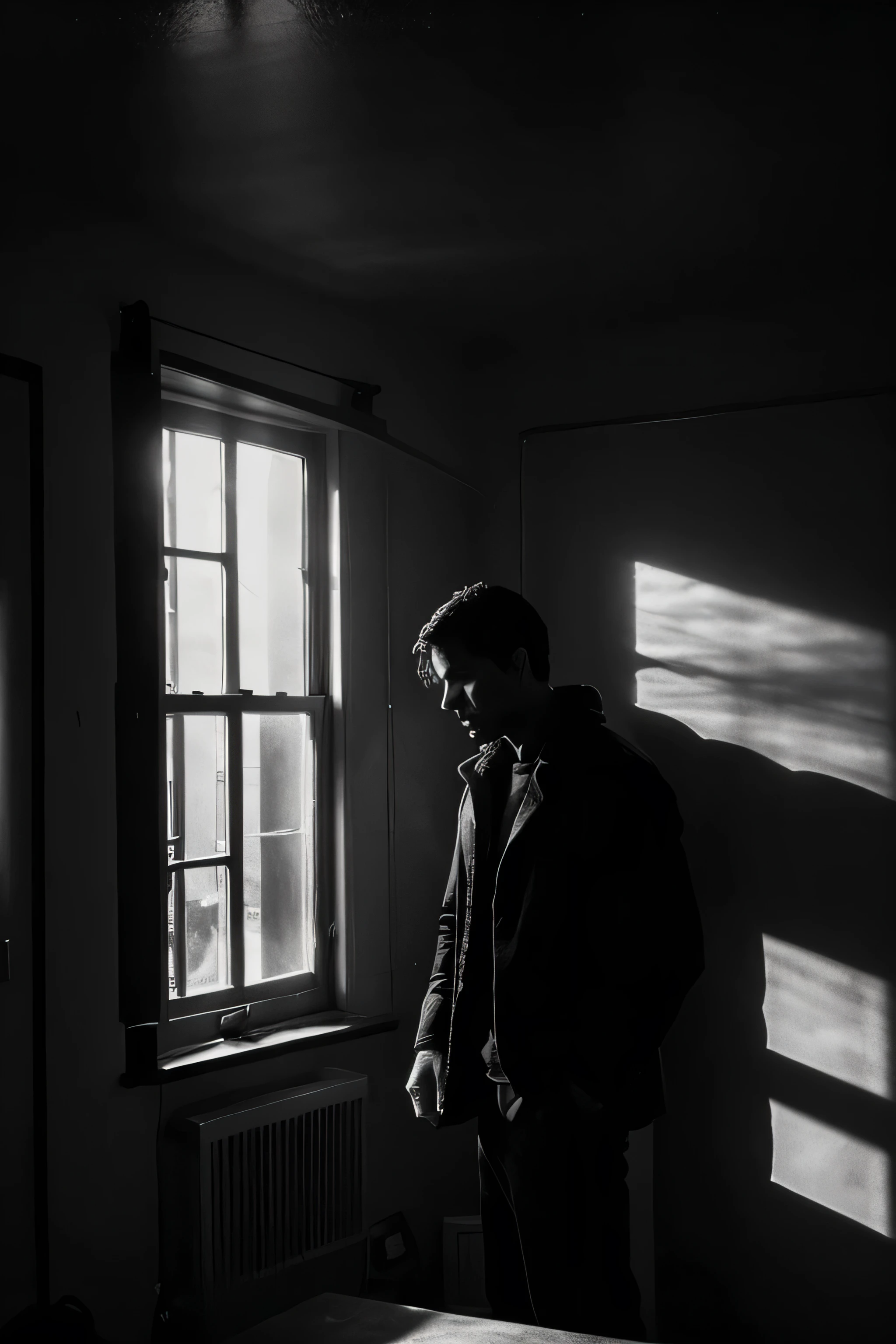 Draw me a picture in black and white of a man inside In the dimly lit room, sunlight slipped through the window which was only slightly open, spilling in as if trying to warm the room which had been cold for a long time. There, one