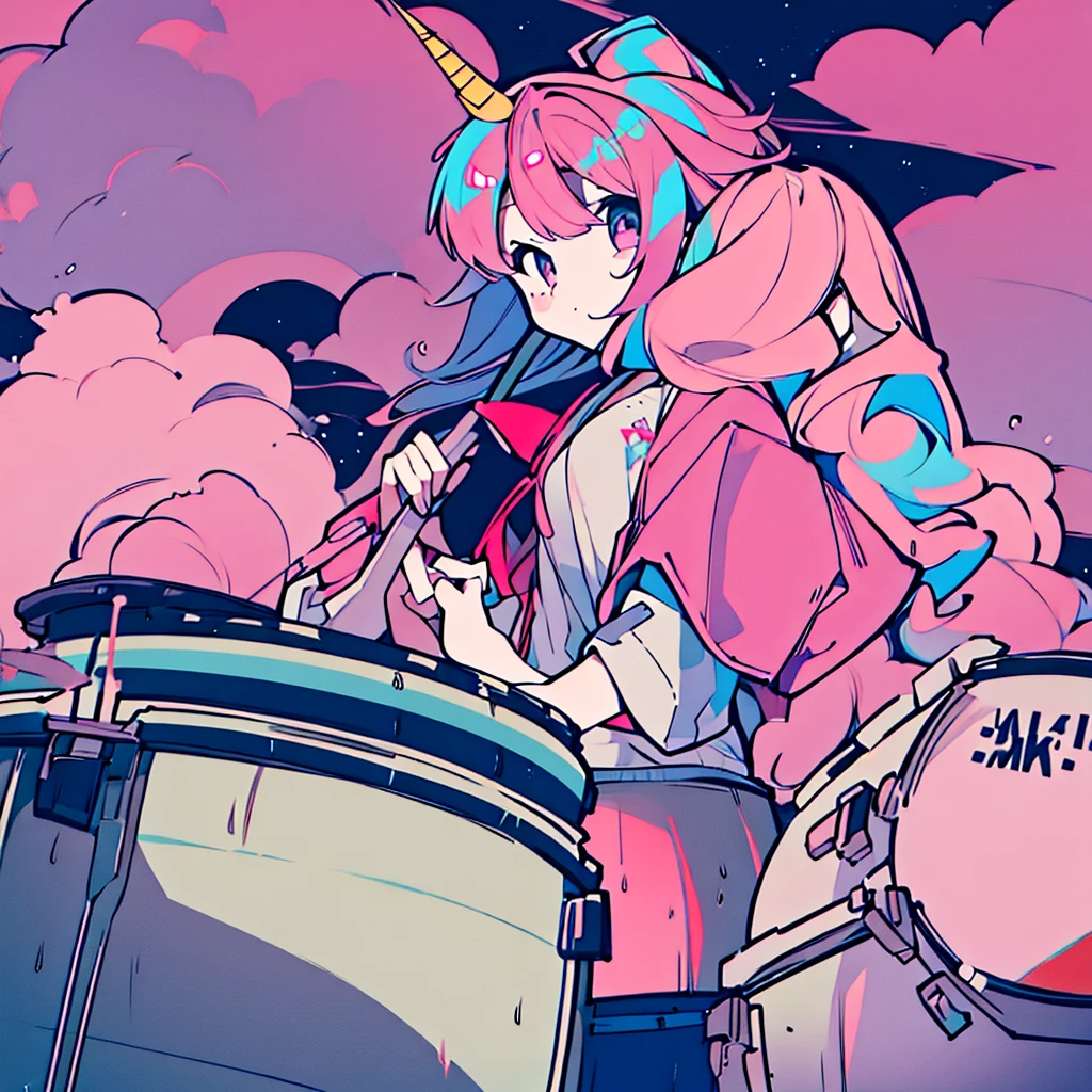 A girl with a unicorn head，Plays drums，On the pink clouds，There is a big moon，cute