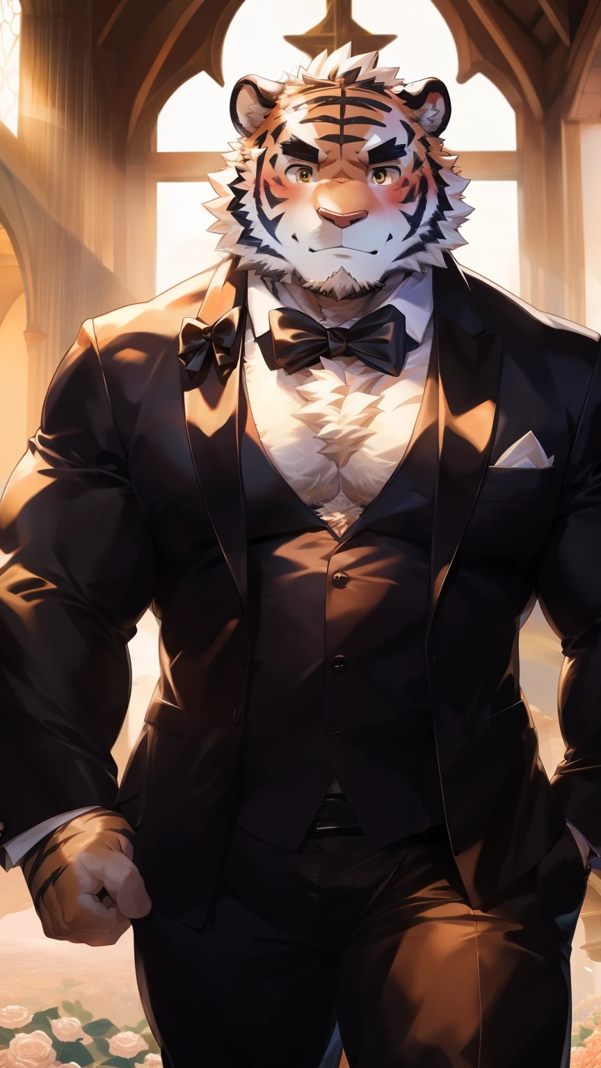 Solitary, anthropology, hairy, hairy male, Tiger, ((Fluffy fur, Fluffy, hairy body)), (Tiger印), (short beard), youth, Gray body, muscular, White, Big muscles, Golden pupils, Tail, deTailed face, Fundos, bridegroom, (Black suit suit), (Black bow tie), Holding a bouquet of white roses, 害羞的站在church门前, deTailed Fluffy fur, deTailed face, ((Look down at the audience)), majestic, barbarous, A faint smile, Blushing, Strong, church, White dove, Half sideways, ((Bottom view)), (through empty ghost, From tiger26, masterpiece, high quality, high resolution,8k), permanent, Full body portrait, outdoor,