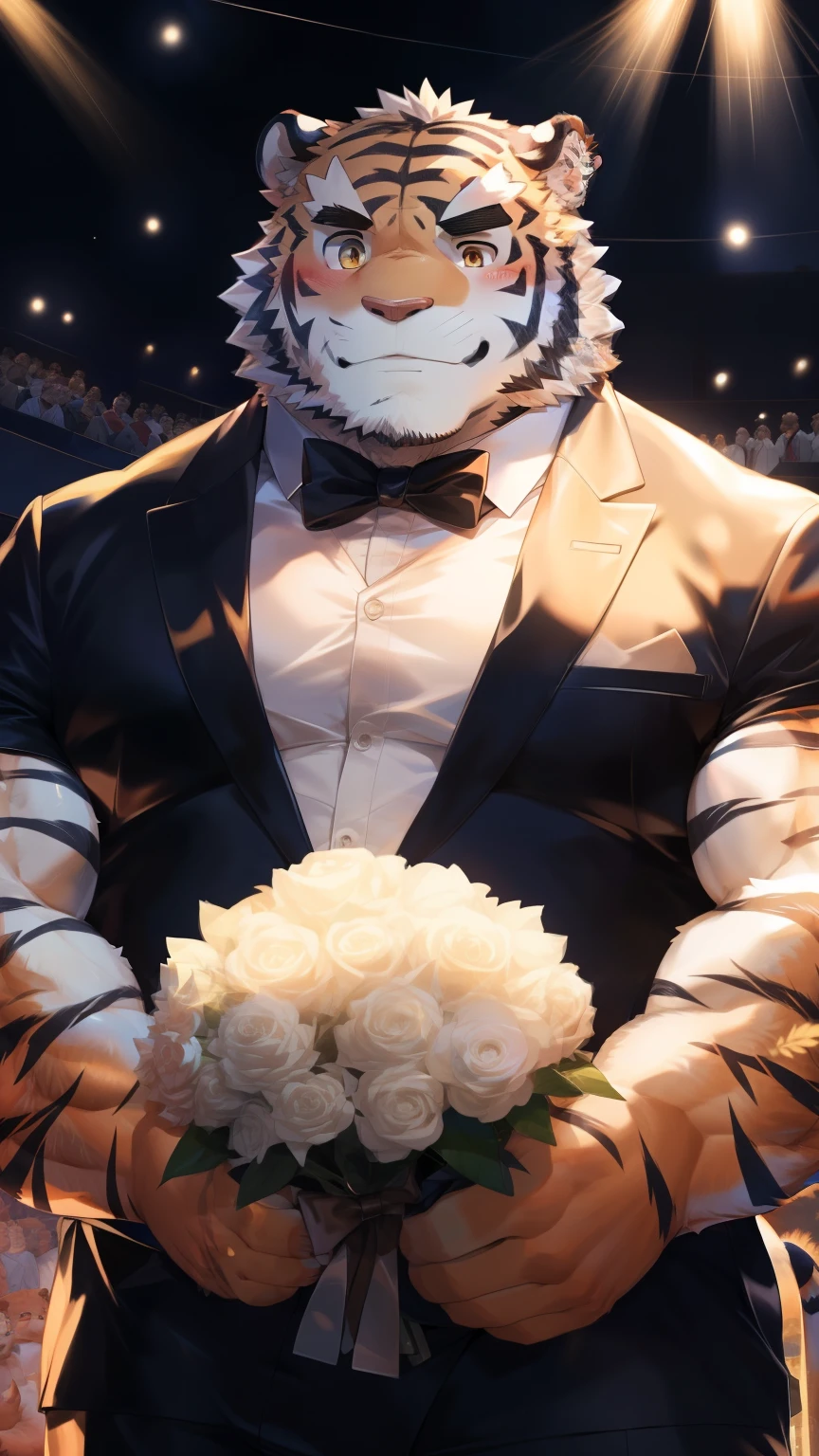 Solitary, anthropology, hairy, hairy male, Tiger, ((Fluffy fur, Fluffy, hairy body)), (Tiger印), (short beard), youth, Gray body, muscular, White, Big muscles, Golden pupils, Tail, deTailed face, Fundos, bridegroom, (Black suit suit), (Black bow tie), Holding a bouquet of white roses, 害羞的站在church门前, deTailed Fluffy fur, deTailed face, ((Look down at the audience)), majestic, barbarous, A faint smile, Blushing, Strong, church, White dove, Half sideways, ((Bottom view)), (through empty ghost, From tiger26, masterpiece, high quality, high resolution,8k), permanent, Full body portrait, outdoor,