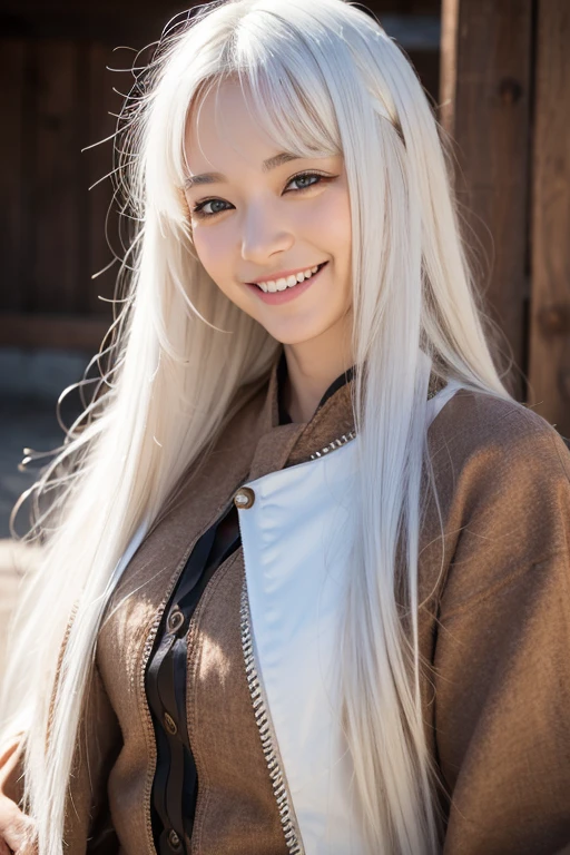 Beautiful girl with brown eyes and white hair smiling 