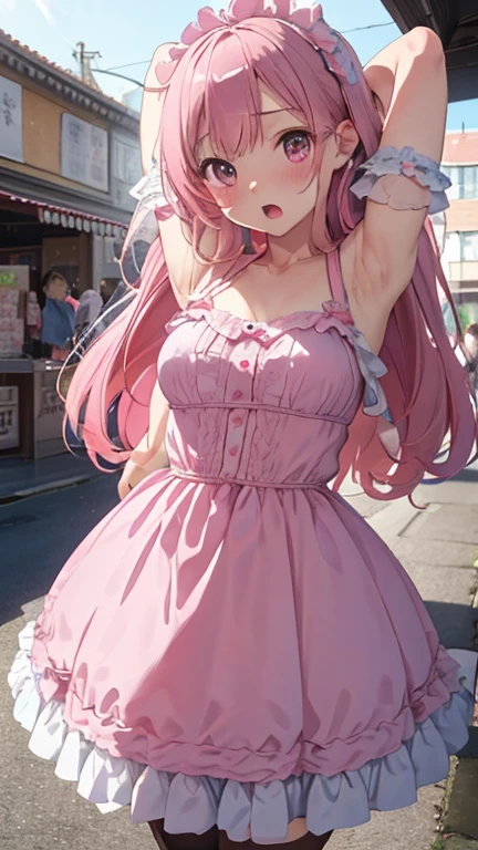 ((highest quality, 8K, masterpiece: 1.3)), concentrated: 1.2, perfect body beauty: 1.4, buttocks: 1.2, ((layered haircut, big breasts: 1.2)), (street:1.3), bandeau dress: 1.1, Highly detailed face and skin texture, fine eyes, double eyelid, whitened skin, long hair, (shut up: 1.3), full body, wearing pink Randoseru Backpack, (Randoseru Backpack:1.0)