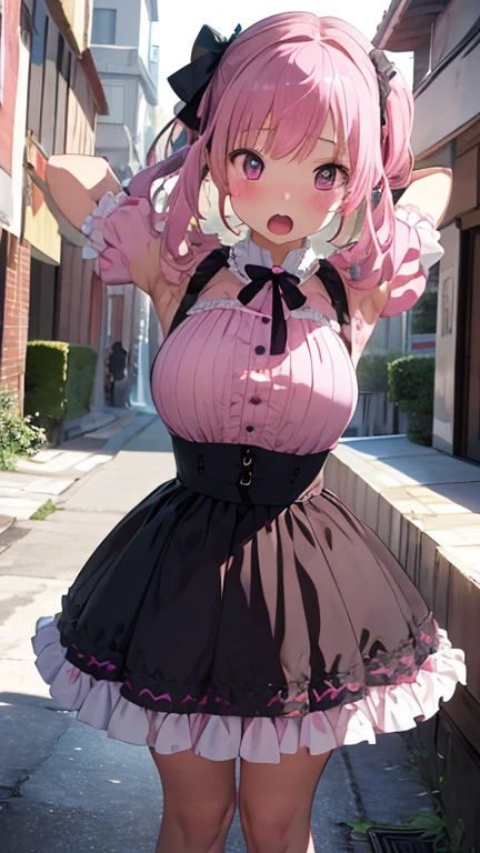 masterpiece、highest quality、Very detailed、Photograph the upper body、1 female、(Put your arms behind your back:1.4)、Are standing、Turn your body forward、View your viewers、(Pink Lolita Fashion)、break,blush、shy、Pink Hair、Open your mouth、In town、Big Breasts、
