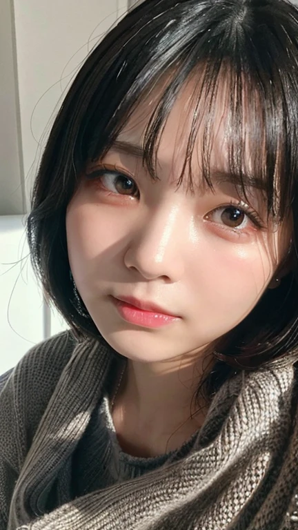 (highest quality,masterpiece:1.3,Ultra-high resolution),(Very detailed,Caustics,8k),(Realistic:1.4,RAW shooting),(A girl with a displeased expression puffing out her cheeks),Bedroom,Sit on the bed,Look forward,18-year-old,Japanese,cute,Black short hair,Watery eyes,Shining Tears,Upward glance,Looking into the camera,sweater,big ,Face Focus,Face close-up,Bust up shot,(High position),(High angle),Natural light