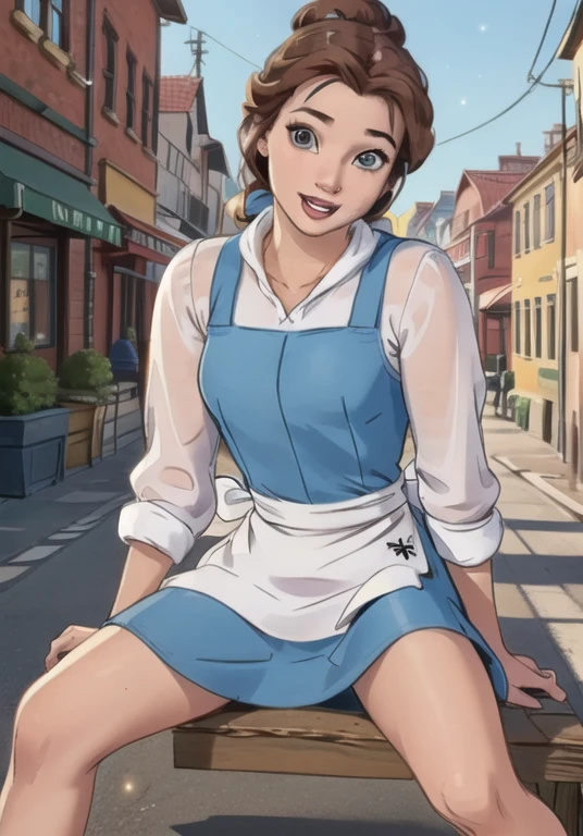 (BelleWaifu:1), smile, cute, cute pose, looking at viewer, thick thighs, (blue dress, apron:1.2), (hair bun, hair bow), :D, 

(realistic:1.2), (realism), (masterpiece:1.2), (best quality), (ultra detailed), (8k, 4k, intricate),(full-body-shot:1), (85mm),light particles, lighting, (highly detailed:1.2),(detailed face:1.2), (gradients), sfw, colorful,(detailed eyes:1.2),

(detailed ladscape, old town, buildings, shop, fruits:1.2),(detailed background),detailed landscape, (dynamic angle:1.2), wide shot, daylight, solo,
Sitting on bench, Spread legs, pussy, pussy juice, 
 