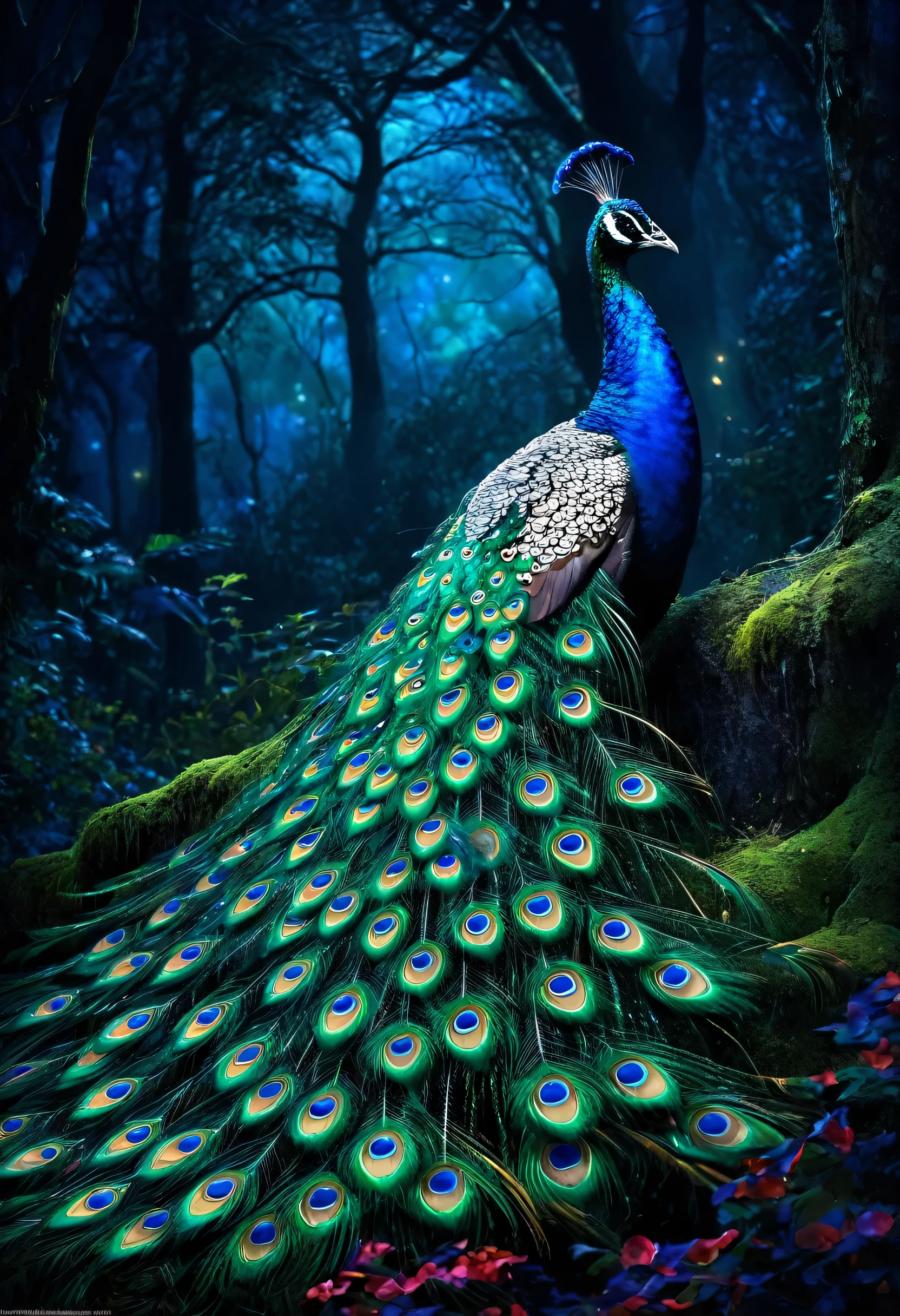 Fantastic peacock,gorgeous,Night Forest,Artistic Realism,Fantastic colors,Dark and beautiful image