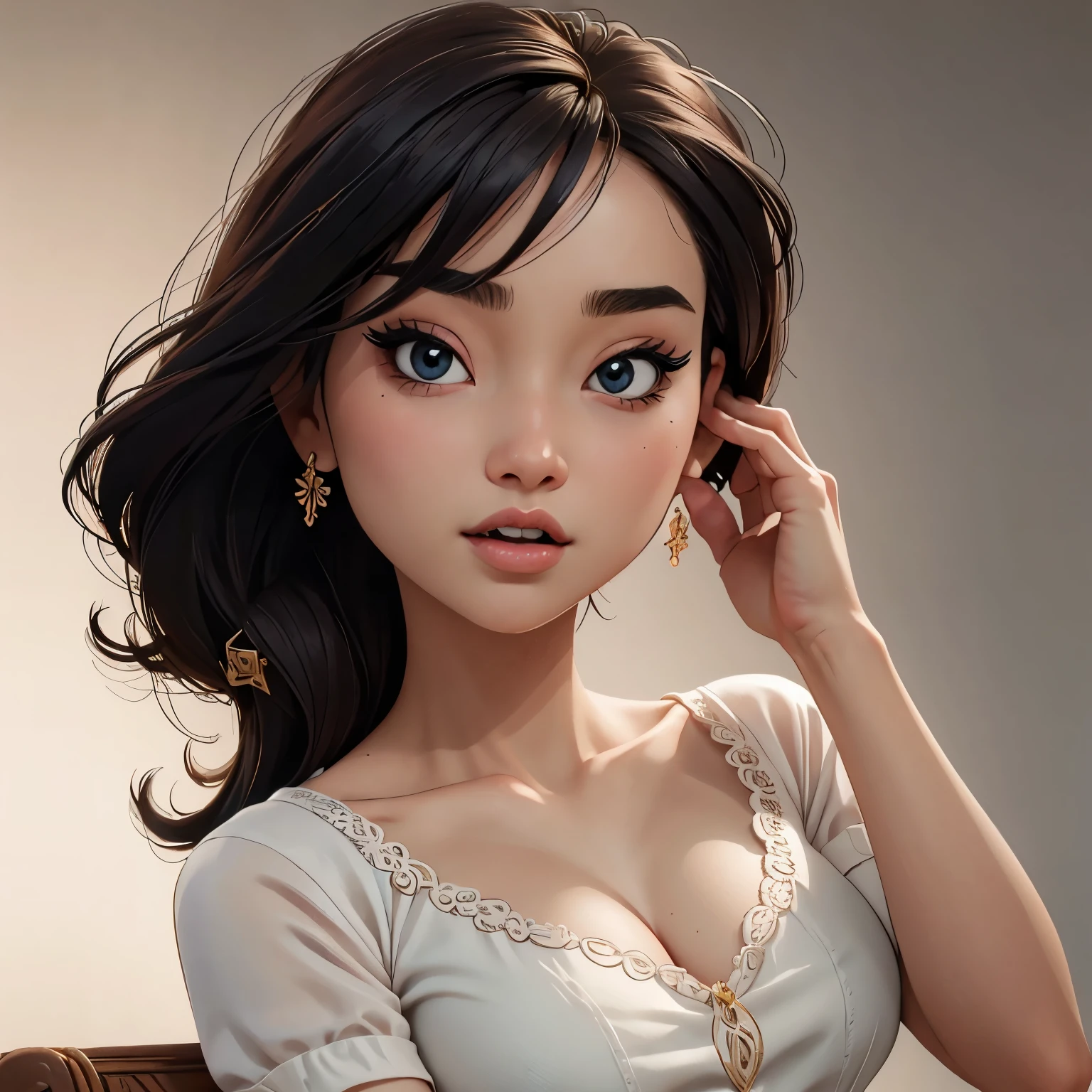 Young womanคนหนึ่ง,alone,Masterpiece,best quality,height,Delicate face, very detailed,Extreme details, delicate eyes,(face alignment),fair skin.Strong sense of detail and layering,The colors are rich and gorgeous.,With a unique touch of texture, Various colors, color harmony, bright paintings ,design,16k,hyper detail, and held her hair in a delicate and beautiful way..seductive body figure. Young woman . Big breasts, tight shirts