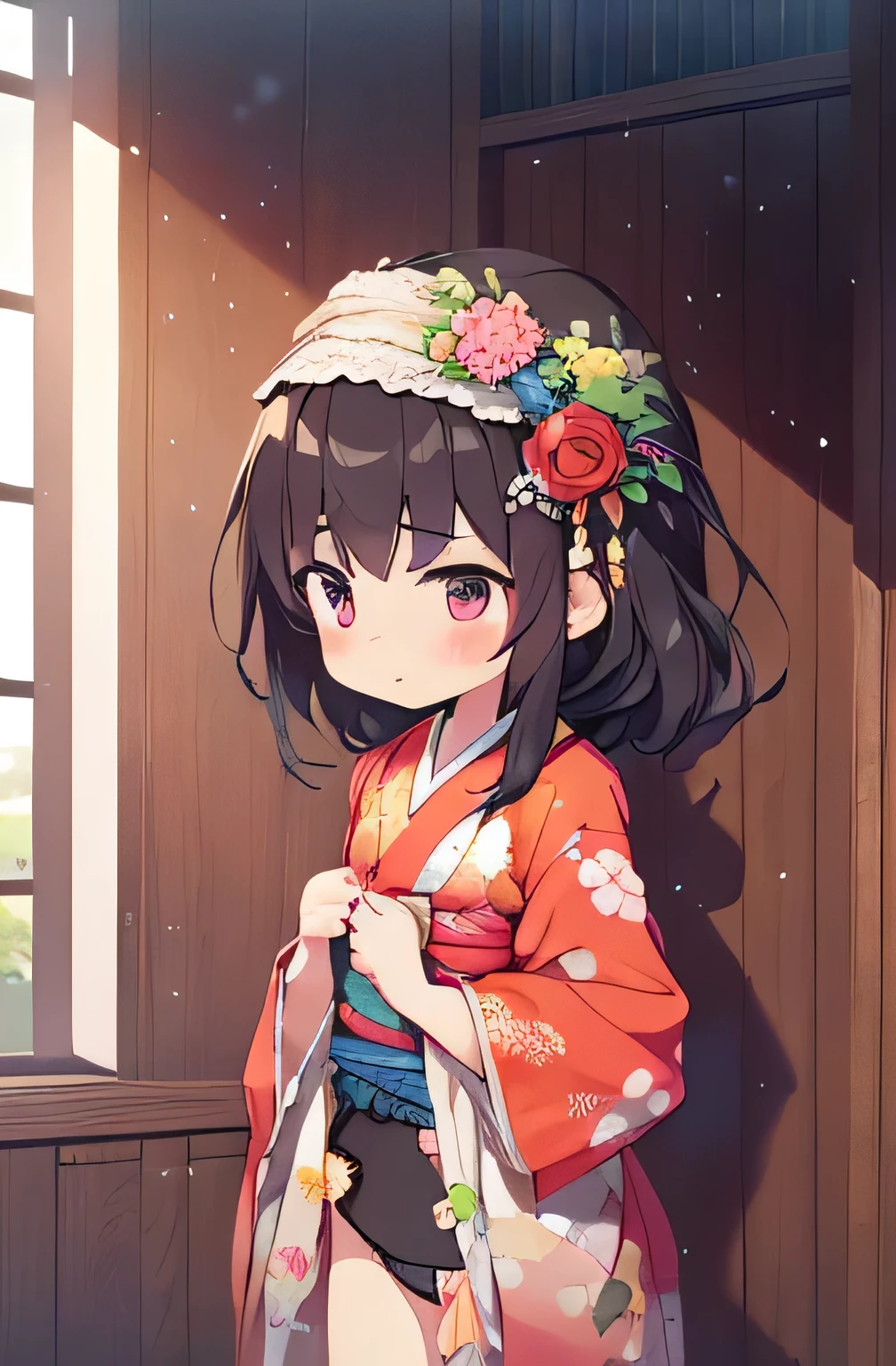 Girls , height up to 100, kimono, small breasts, patterned cotton panties, fabric realistic, black hair, no jacket, restraint