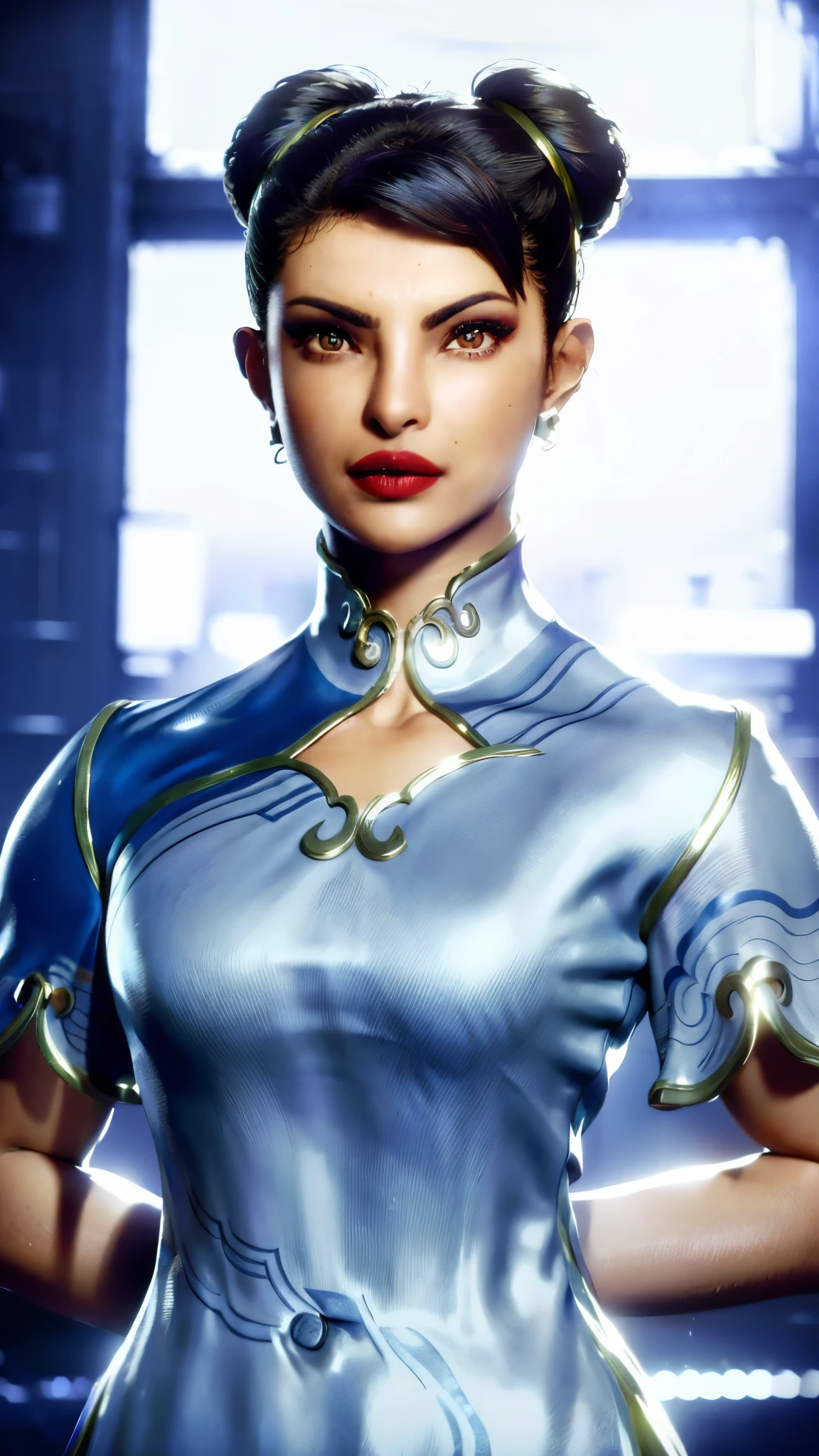 realistic, Priyanka Chopra, realism, photorealism, photo-realistic, high contrast, (photorealistic:1.4), 8k high definition detailed realistic, (best quality, masterpiece:1.2),  photon mapping, radiosity, physically-based rendering, best quality, highly detailed, 1girl, sfchunli, indoor, room light,  standing,