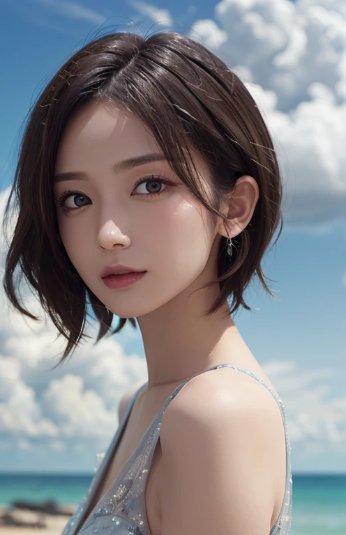 highest quality、masterpiece、Ultra-high resolution、(Genuine:1.4)、Beautiful woman１、Beautiful details in the eyes and skin、Light brown short hair、Cloudy、