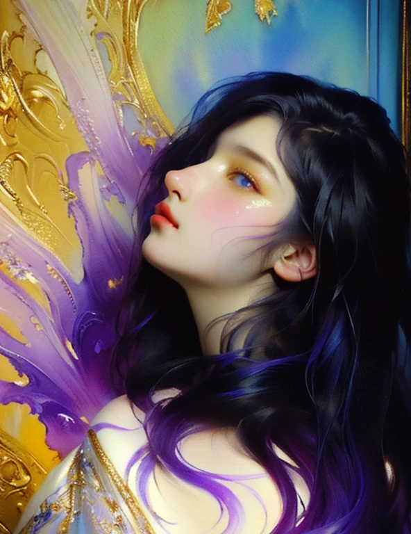 Colorful beautiful girl: a giru 8-years old, messy hair, oil painting, nice perfect face with soft skinice perfect face, blue yellow colors, light purple and violet additions, light red additions, intricate detail, splash screen, 8k resolution, masterpiece, cute face,artstation digital painting smooth veryBlack ink flow: 8k resolution photorealistic masterpiece: intricately detailed fluid gouache painting: by Jean Baptiste Mongue: calligraphy: acrylic: watercolor art, professional photography, natural lighting, volumetric lighting maximalist photoillustration: by marton bobzert:, complex, elegant, expansive, fantastical, wavy hair, vibrant