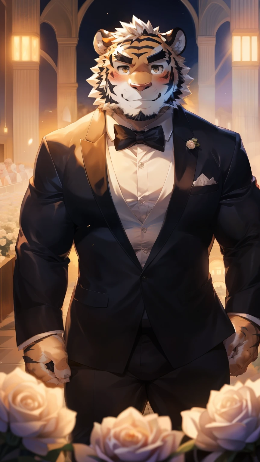 Solitary, anthropology, hairy, hairy male, Tiger, ((Fluffy fur, Fluffy, hairy body)), (Tiger印), (short beard), youth, Gray body, muscular, White, Big muscles, Golden pupils, Tail, deTailed face, Fundos, bridegroom, (Black suit suit), (Black bow tie), Holding a bouquet of white roses, 害羞的站在church门前, deTailed Fluffy fur, deTailed face, ((Look at the audience)), majestic, barbarous, A faint smile, Blushing, Strong, church, White dove, ((Front view)), (through empty ghost, From tiger26, masterpiece, high quality, high resolution,8k), permanent, Full body portrait, outdoor,