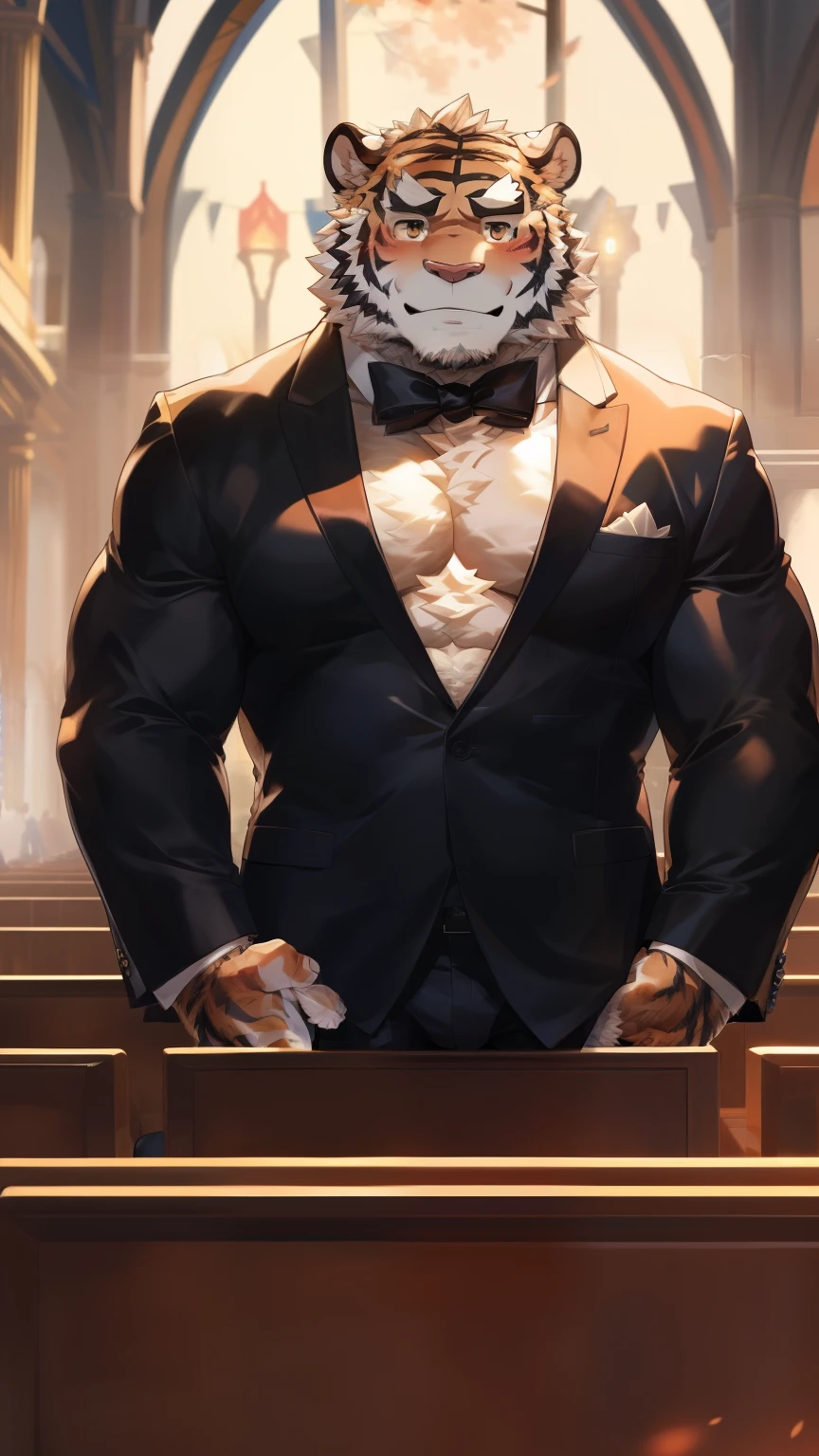 Solitary, anthropology, hairy, hairy male, Tiger, ((Fluffy fur, Fluffy, hairy body)), (Tiger印), (short beard), youth, Gray body, muscular, White, Big muscles, Golden pupils, Tail, deTailed face, Fundos, bridegroom, (Black suit suit), (Black bow tie), Holding a bouquet of white roses, 害羞的站在church门前, deTailed Fluffy fur, deTailed face, ((Look at the audience)), majestic, barbarous, A faint smile, Blushing, Strong, church, White dove, ((Front view)), (through empty ghost, From tiger26, masterpiece, high quality, high resolution,8k), permanent, Full body portrait, outdoor,