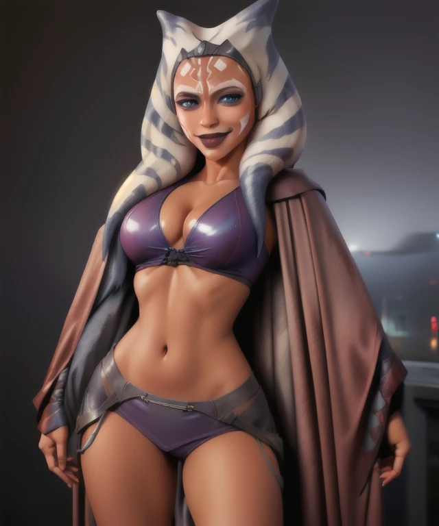 ahsoka, black lingerie,cape,navel, standing, serious,cleavage,smile, facility,night,science fiction, (insanely detailed, beautiful detailed face,beautiful detailed eyes, masterpiece, best quality),
