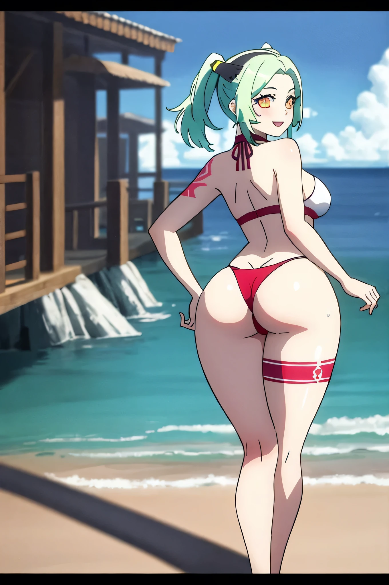 ((best quality)),((highly detailed)),masterpiece, detailed face,beautiful face,(detailed eyes, deep eyes),1girl,((dynamic pose)) Rebecca, yellow eyes, solo, colored sclera, red sclera, green hair, twintails, colored skin, smile, black hairband, hairband, tattoo, white skin, breasts, artificial eye, headgear, mechanical eye, neck tattoo, leg tattoo, long hair, , cyborg, :d, medium hair, short hair, ocean scenery, beach, panty line showing, white bikini top, bikini top, bikini, bare shoulders, slim stomach, cleavage, wet, blushing (nice tits) standing in water, cute smile, looking at viewer, full frame, body in frame, in frame, rear view, big ass, curvy, round ass, huge ass, thick thighs, slim waist, looking back, arching back, leaning forward