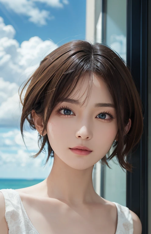 highest quality、masterpiece、Ultra-high resolution、(Genuine:1.4)、Beautiful woman１、Beautiful details in the eyes and skin、Light brown short hair、、Cloudy、