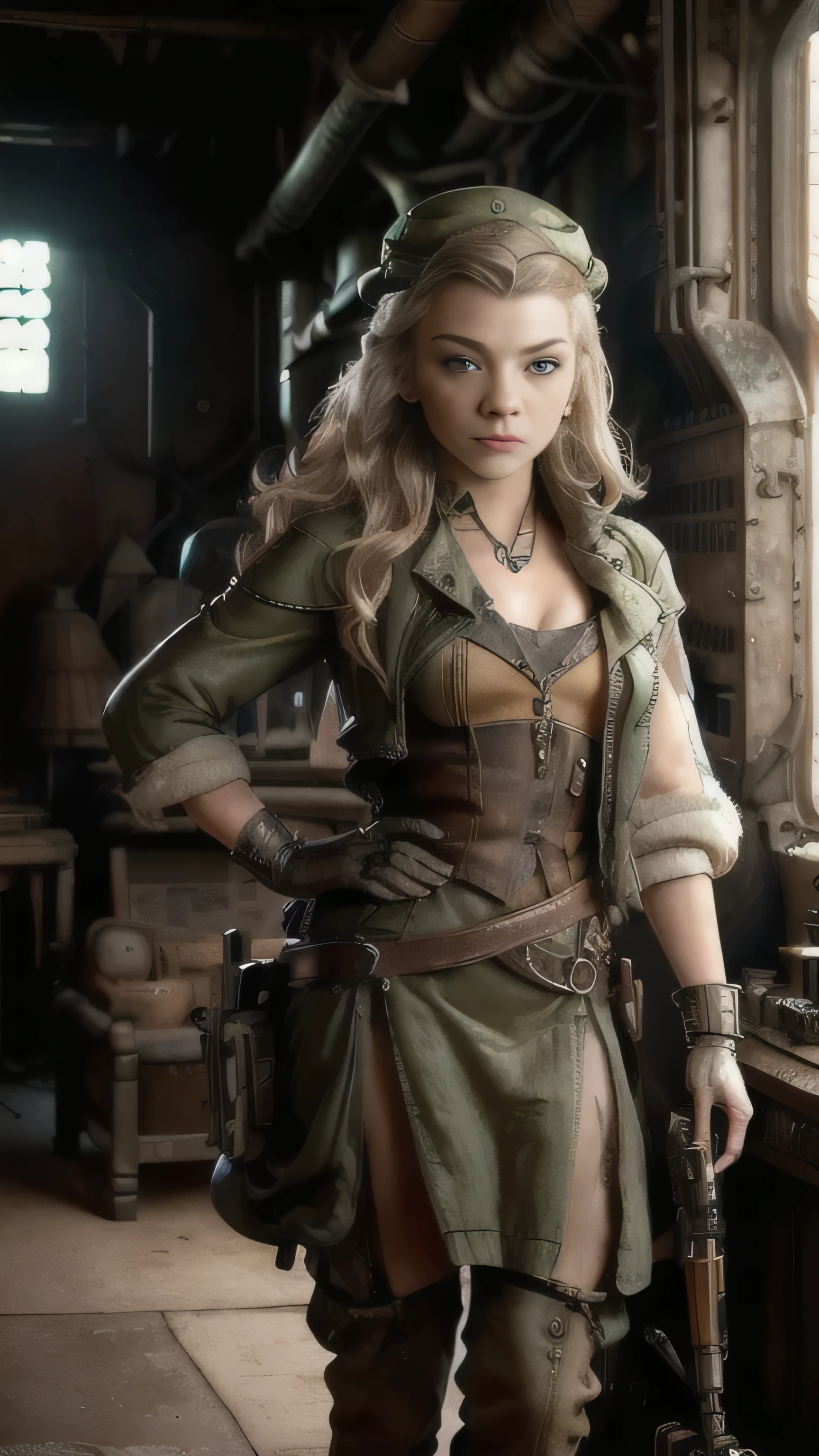 dieselpunkai, (Natalie Dormer) as Margaery Tyrell, green dieselpunk outfit, dieselpunk hat, standing, in a desert, (1woman), (solo), (full body view), beautiful detailed glow, detailed, cinematic light, intricate detail, realistic, highres, detailed facial features, high detail, sharp focus, smooth, aesthetic, extremely detailed, stamp, octane render