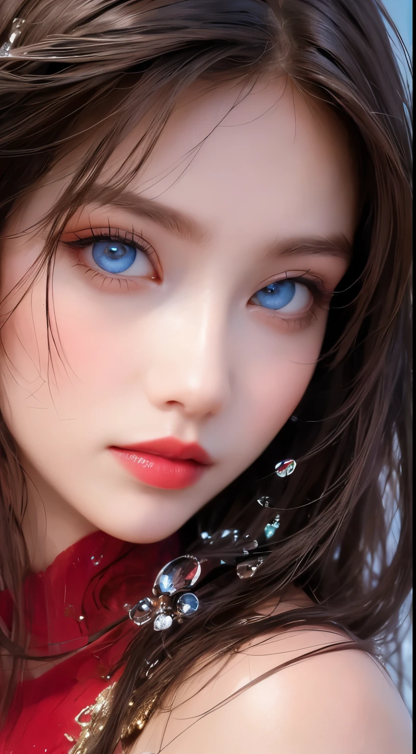 Beautiful woman face close up, Captivating look, Sharp Face, blue eyes,Red lips, A magnificent artistic appearance,Water splashes on her face, Ultra-detailed, Perfect composition