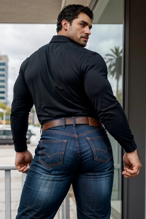Un hombre negro con la cara se parece a Henry Cavill. Black man, Su cuerpo es musculoso y pectoral definido. paquete de seis. ingle. Cochas, pelo contra el viento. barba dentada. Big butt, in a moment of reflection. Full body. Fajado, gris oscuro Jeans backside. bent over