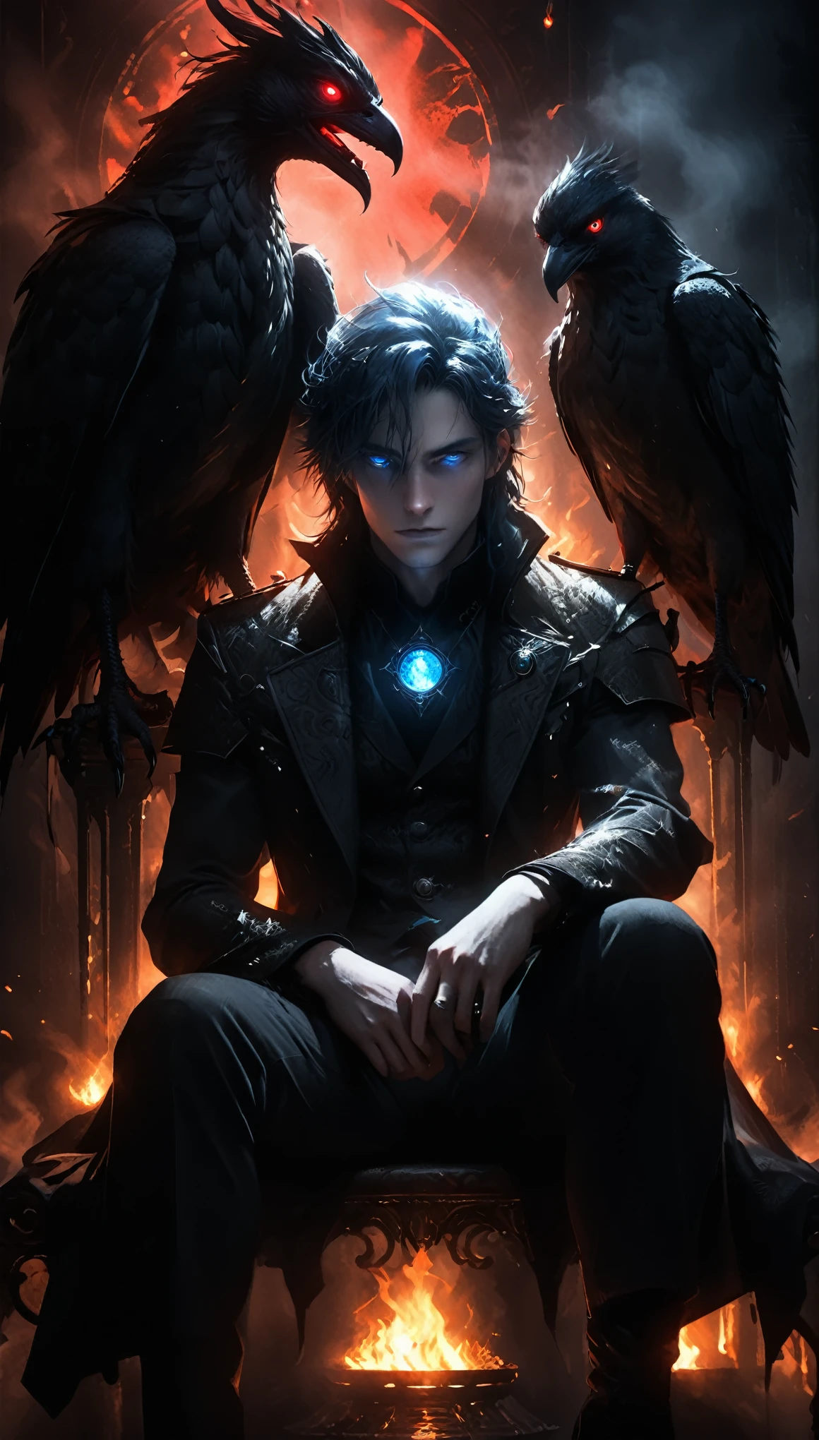 Details: glowing steelblue eyes,Textured Skin, Gorgeous Clothing，in style of Harry Clark,Chernobog,between_fingers,(crossed_legs:1.3),(the dim sun:1.4),hand_gesture,full_shot,breathing fog,wind,sit on the throne,1 bird pet,(dark, shadow, intense shadow, black:1.3),red glowing eyes,