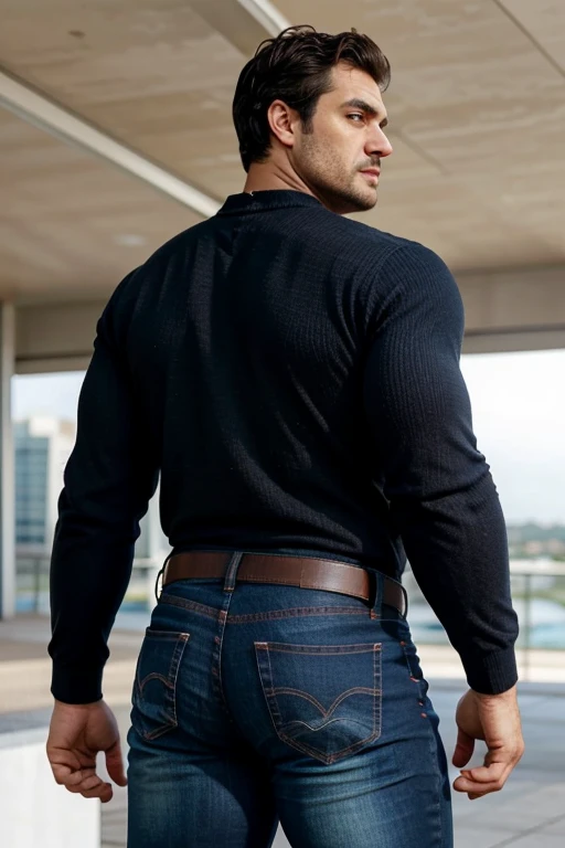 Un hombre negro con la cara se parece a Henry Cavill. Black man, Su cuerpo es musculoso y pectoral definido. paquete de seis. ingle. Cochas, pelo contra el viento. barba dentada. Big butt, in a moment of reflection. Full body. Fajado, gris oscuro Jeans backside. bent over