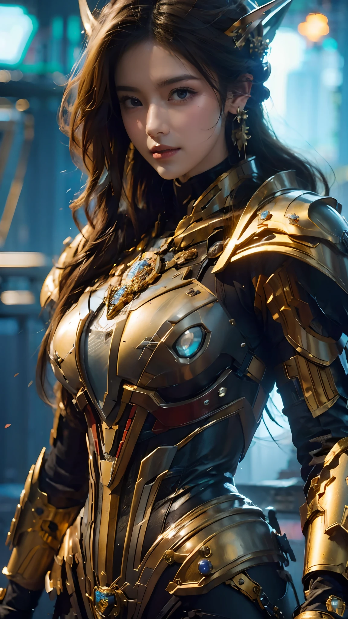 (masterpiece, best quality:1.5),Steampunk mecha,1girl,armor,blurry,blurry background,brown eyes,brown hair,earrings,Mecha,glowing,jewelry,lens flare,lips,looking at viewer,pauldrons,solo,upper body,Complex mecha,Above the buttocks,