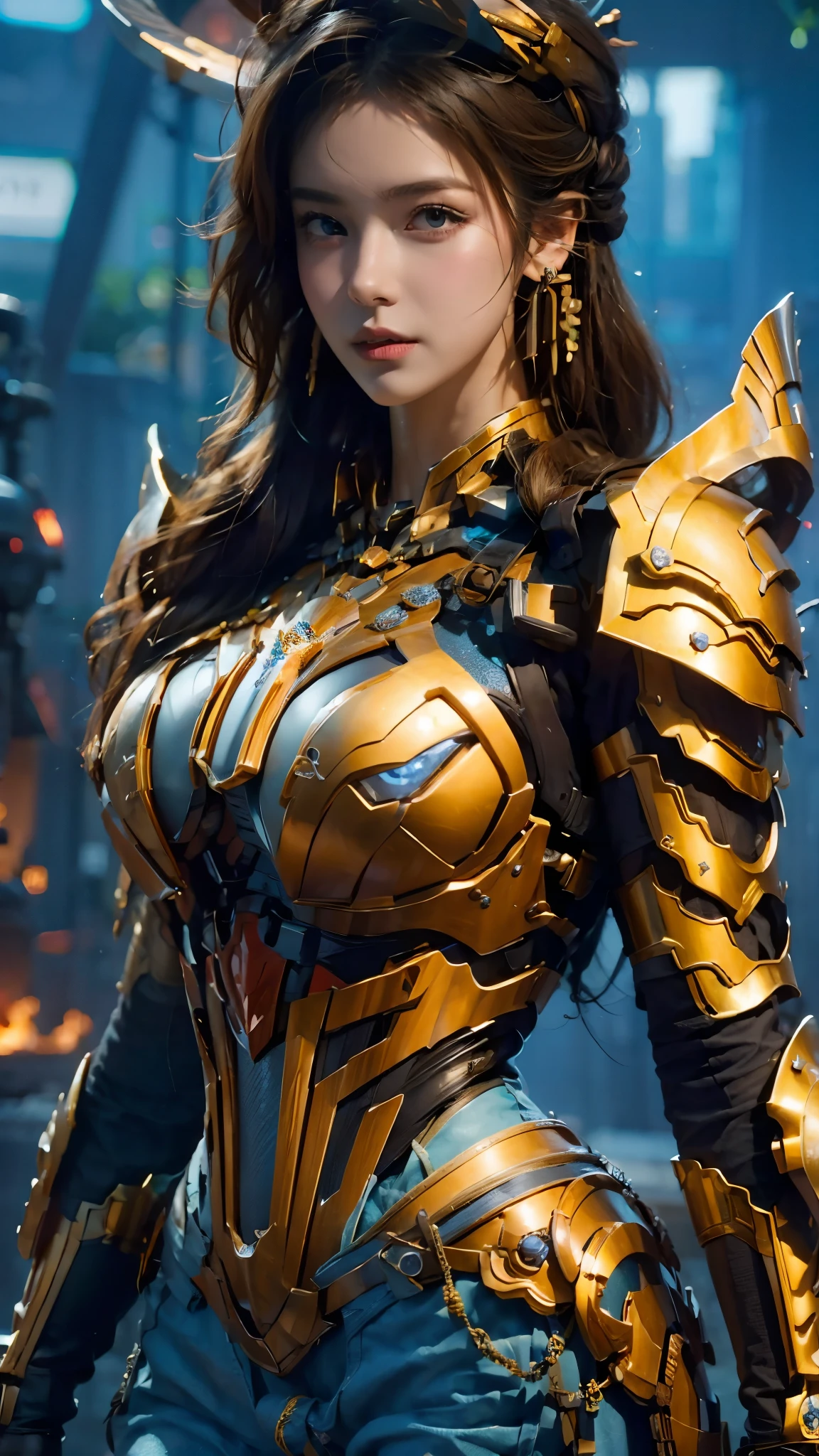 (masterpiece, best quality:1.5),Steampunk mecha,1girl,armor,blurry,blurry background,brown eyes,brown hair,earrings,Mecha,glowing,jewelry,lens flare,lips,looking at viewer,pauldrons,solo,upper body,Complex mecha,Above the buttocks,