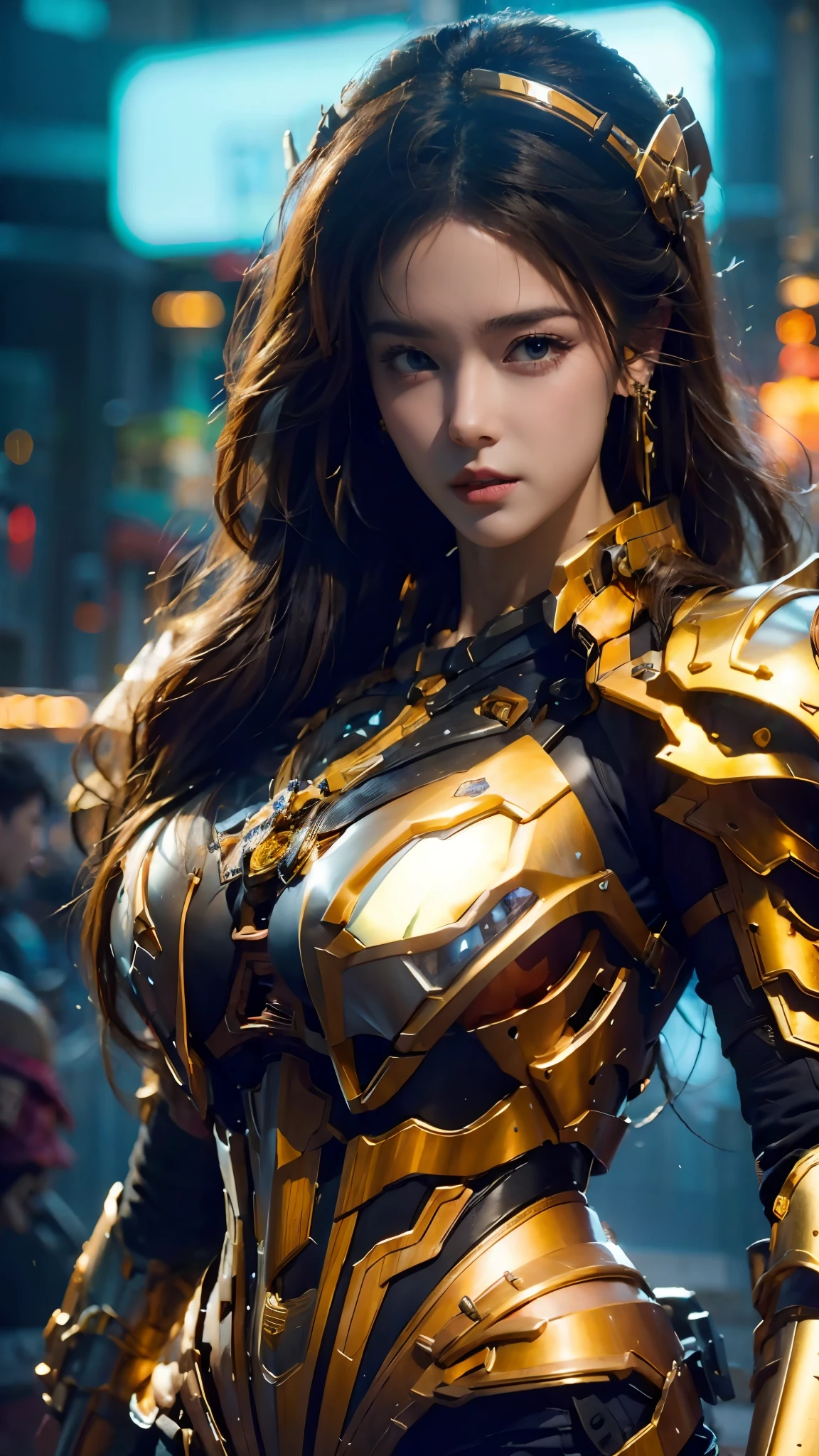 (masterpiece, best quality:1.5),Steampunk mecha,1girl,armor,blurry,blurry background,brown eyes,brown hair,earrings,Mecha,glowing,jewelry,lens flare,lips,looking at viewer,pauldrons,solo,upper body,Complex mecha,Above the buttocks,