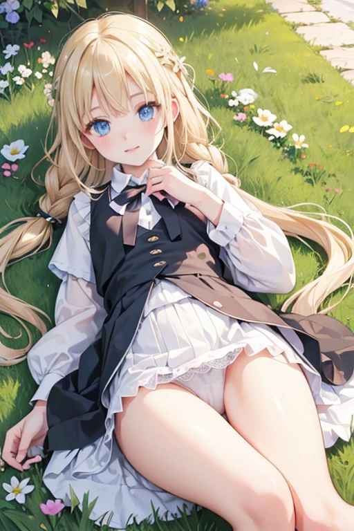 (8k, highest quality, Tabletop:1.2)、Ultra-high resolution、One , Perfect Fingers, Detailed face, Blushing, blue eyes, Blonde, Braid, White panties, White blouse, Black vest, garden, flower bed, Lying on the grass