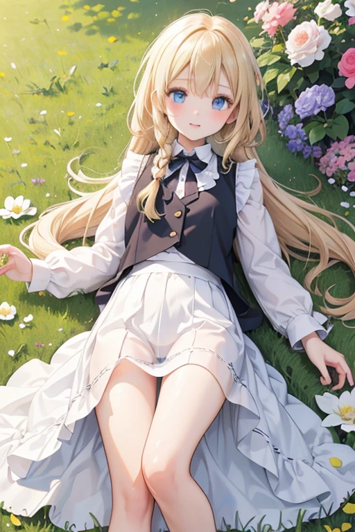 (8k, highest quality, Tabletop:1.2)、Ultra-high resolution、One , Perfect Fingers, Detailed face, Blushing, blue eyes, Blonde, Braid, White panties, White blouse, Black vest, garden, flower bed, Lying on the grass