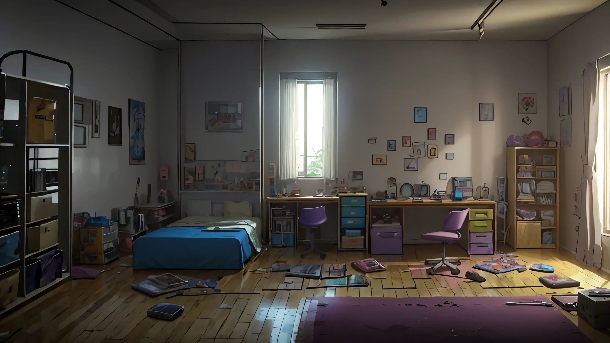 there is a room with a bed, mesa, e uma janela, quarto adolescente cyberpunk, fundo do quarto pessoal, noite calma. digital illustation, cena mal-humorada dos desenhos animados, Chaotic teen's room, arte de fundo do anime, Cyberpunk Room at Night, messy room, style of madhouse studio anime, Fundo do anime, messy bedroom, inside a messy room, arte de fundo interior, random background scene