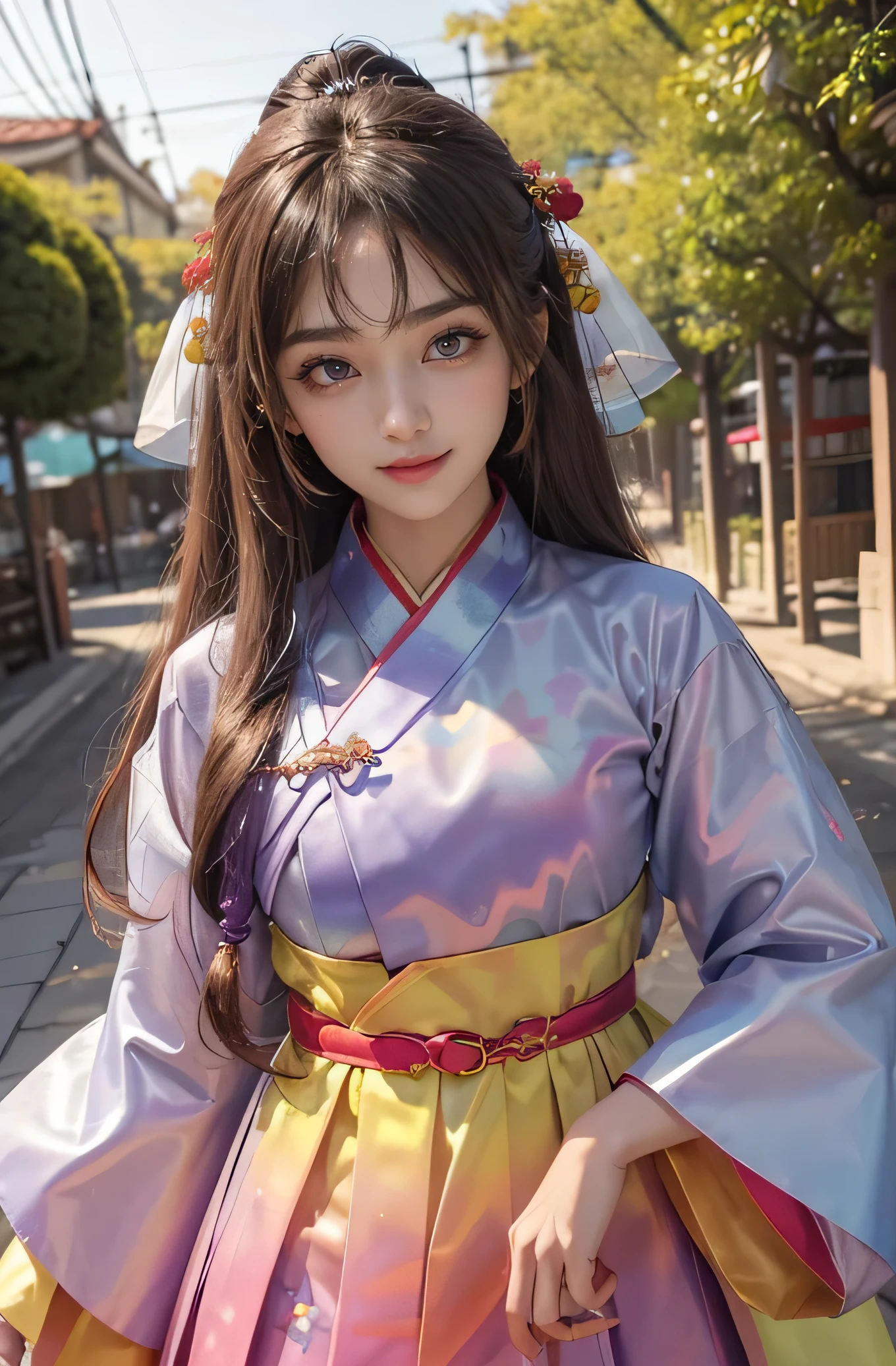 Angelic Very beautiful cute girl,11 yo,
Beautiful detailed eyes,
Detailed double eyelids,
(Large eyes:1.4),
Long straight brown hair,
see-through bangs,
Sharp Focus,small straight nose,
beautiful detailed face and eyes,
drooping eyes,
(Soft Saturation: 1.3), (Fair skin: 1.2),BREAK (beautiful hanbok: 1.5),(Super shiny red yellow blue green pink purple colored hanbok:1.4),(beautiful hanbok: 1.5),costume traditionally worn by Korean women,(Korea style:1.3),
Walking,(smile:1.5)
Brown hair,
(korean Chimajeogori:1.4) , (very high waist skirt:1.3),(costume with strong reflective surfaces:1.5),
Costume lighting,
In the street,(smile:1.5)