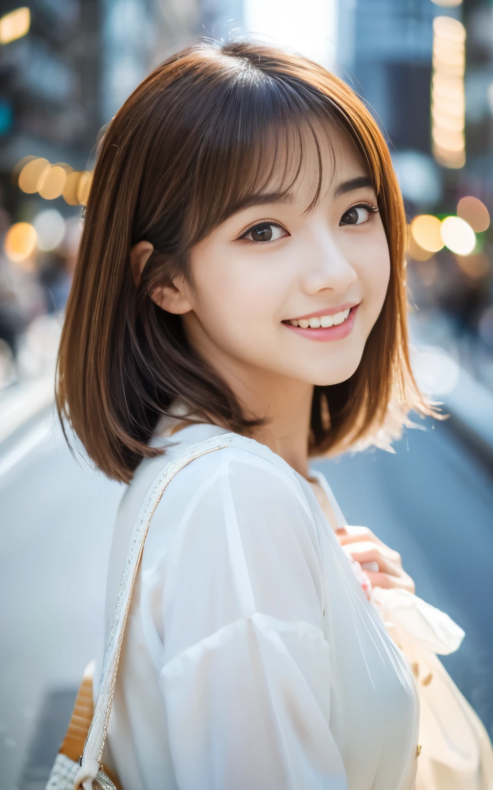 Cute 21 year old Japanese、city、shopping、Super detailed face、Pay attention to the details、double eyelid、Beautiful thin nose、Sharp focus:1.2、Beautiful woman:1.4、(Light brown hair,short hair、),Pure white skin、highest quality、masterpiece、Ultra-high resolution、(Photorealistic:1.4)、Highly detailed and professional lighting、nice smile、Please show me your whole body、Cute Spring Clothes、