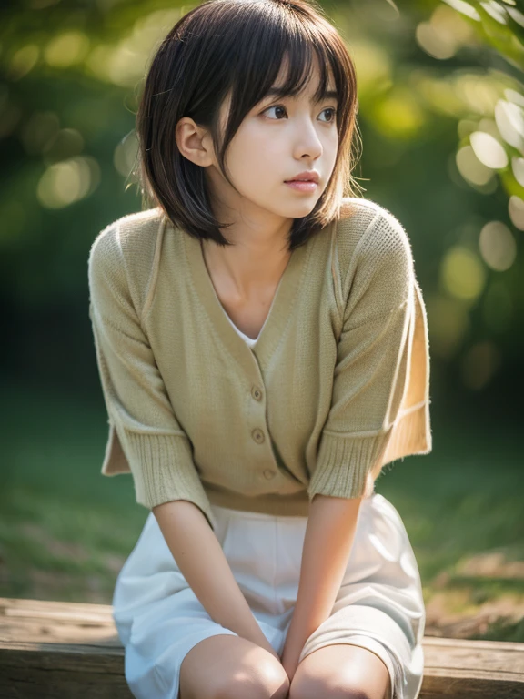 (highest quality, masterpiece, Ultra-high resolution:1.2), (Photorealistic:1.3), (RAW Photos:1.3), 8k, 16k, 32k, 1 girl, Ultra-high resolution, Professional artwork, Very detailed, Complex, Detailed face, 1 girl, (Japanese Girls:1.3), (alone, whole body, Wide Shot, 18-year-old:1.3), short hair, Boyish pose, boyish,sit、knee up