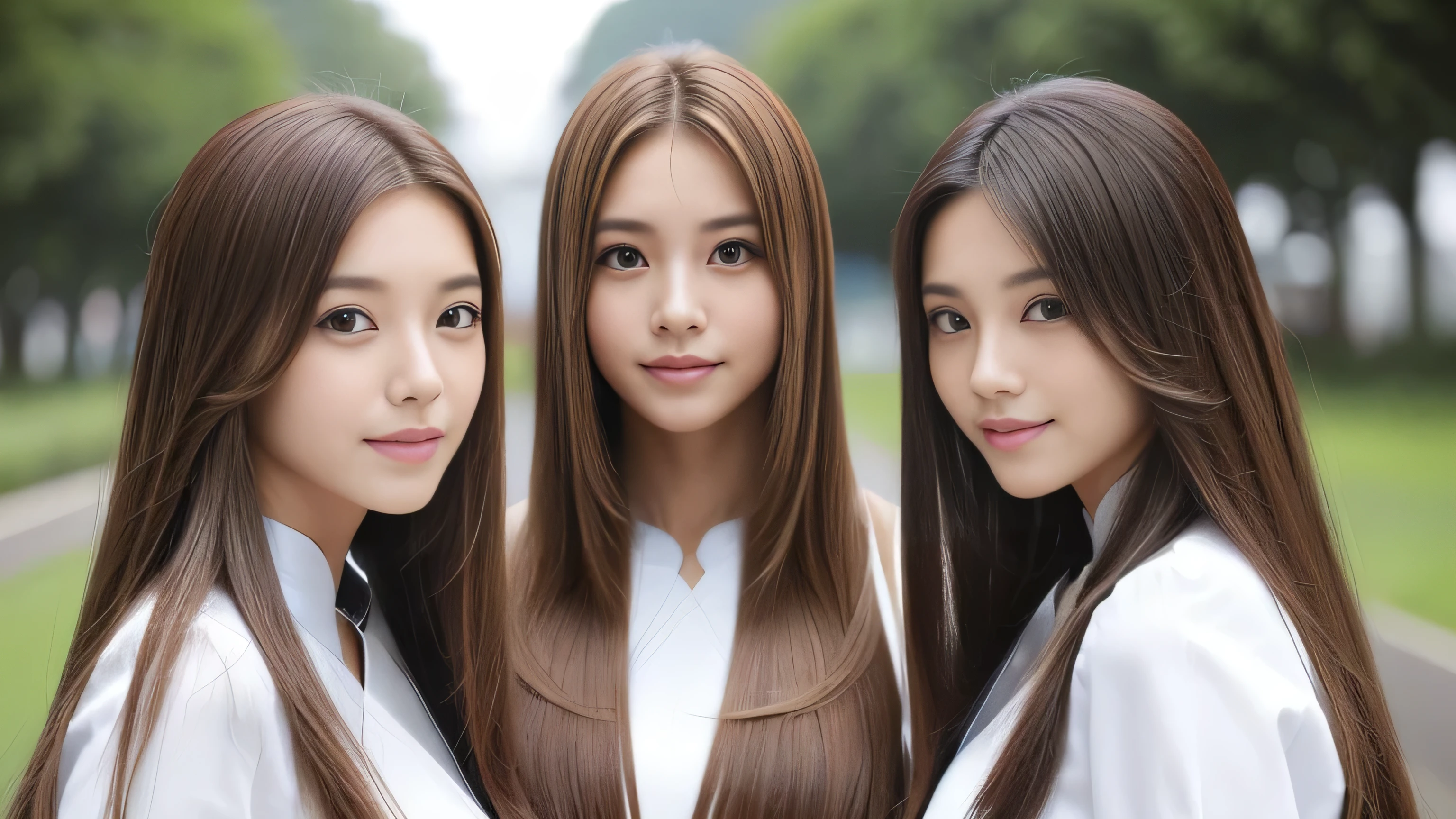 (((Three identical twins pose together for a photo))) (3women with length brown hair posing for a picture, thin and shiny hair, Ulzzang, long and straight hair of brown color,, Brown long hair, beautifulgemini portrait, Brown long hair, beautifulgemini, length Hair, Smooth Hair, Flowing brown hair, With the same hairstyle, length, Flat Hair, length brown hair, Attractive long hair, Beautiful brown hair Two women with long brown hair posing for a photograph, Digital Art inspired by Wang Duo, tumbler, Digital Art, thin and shiny hair, Ulzzang, long and straight hair of brown color,, Brown long hair, beautifulgemini portrait, Brown long hair, beautifulgemini, length Hair, Smooth Hair, Flowing brown hair, With the same hairstyle, length, Flat Hair) ((both sides Random poses showing as much back and hair as possible:1.8)) ((Both sides Beautiful 24 year old hair model with long black hair, girl with super Very long hair that reaches down to the ankles, extremely Very long hair that reaches down to the ankles, Very long hair that reaches down to the ankles,Very long hair that reaches down to the ankles , Flowing Hair, very Very long hair that reaches down to the ankles, Very long hair that reaches down to the anklesgirl,Very long hair that reaches down to the ankles , flowing light brown hair, length Hair windy, Very long light brown hair, flowing light brown hair,Incredibly straight long-lasting hair, Abnormally long髪!!!! Her highest quality!!!! hair is long and straight., very long light brown hair that reaches down to the ankles, highest quality light brown hair , , Highest quality long straightなVery long hair that reaches down to the ankles straight, beautiful, High quality hair, Very long hair that reaches down to the ankles and highest quality straight light brown hair, straight, highest quality light brown hair, Perfect silky straight hair of the highest quality, straight, highest quality light brown hair , lengthLight brown hair straight hair, length, Thick and voluminous light brown hair Her hair is long and straight, Very long light brown hair, Abnormally long、or very long light brown hair, very long, straight, Light brown hair that reaches down to her ankles, Abnormally very long straight, beautiful hair of the highest quality, length Hair, length, straight light brown hair ,Extraordinarily very long light brown hair that lasts forever and free straight light brown hair , straight light brown hair)) (Both sides bangs are perfect.:1.3) (Japan's most sexy and beautiful 24-year-old beauty model) (Both sides They look at the viewer with a very captivating expression...) ((highest quality)), ((masterpiece)), (Familiar) (Get used to it) Perfect Face (both sidesHer skin is a typical Japanese skin color. And very detailed) (Both SidesBig Tits:1.3) (both sides She is wearing a beautiful shiny white camisole.) (both sides She has a beautiful face and a typical Japanese figure...., Narrow eyes) (both sides She has perfect beautiful and sexy makeup and face Lipstick is light red A solid eyeliner) ((Rich 1.4)) (Very detailed)
