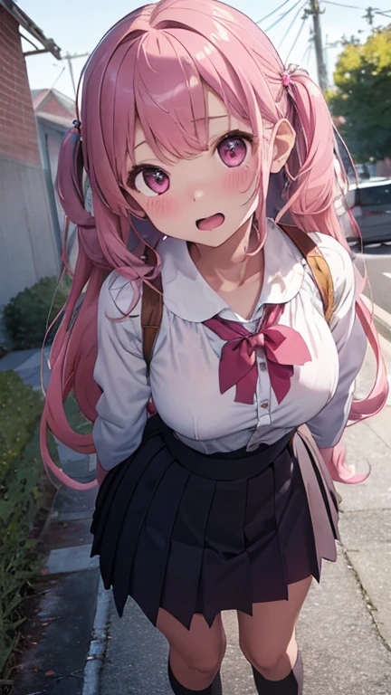 masterpiece、highest quality、Very detailed、Photograph the upper body、1 female、(Put your arms behind your back:1.4)、Are standing、Turn your body forward、View your viewers、(school costume)、break,blush、shy、Pink Hair、Open your mouth、In town、Big Breasts、