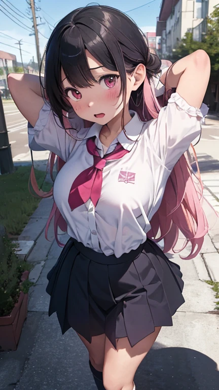 masterpiece、highest quality、Very detailed、Photograph the upper body、1 female、(Put your arms behind your back:1.4)、Are standing、Turn your body forward、View your viewers、(school costume)、break,blush、shy、Pink Hair、Open your mouth、In town、Big Breasts、