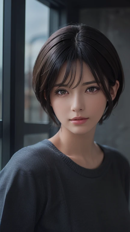 (masterpiece:1.3), (8K, realistic, Raw photo, highest quality: 1.4), (1 girl), beautiful face, (realistic face), (black hair, short hair:1.3), beautiful hairstyle, realistic eyes, detailed and beautiful eyes, (realistic skin), beautiful skin, (sweater), disorganized, Charm, ultra high resolution, surreal, very detailed, golden ratio