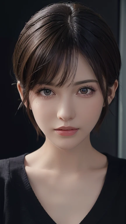 (masterpiece:1.3), (8K, realistic, Raw photo, highest quality: 1.4), (1 girl), beautiful face, (realistic face), (black hair, short hair:1.3), beautiful hairstyle, realistic eyes, detailed and beautiful eyes, (realistic skin), beautiful skin, (sweater), disorganized, Charm, ultra high resolution, surreal, very detailed, golden ratio