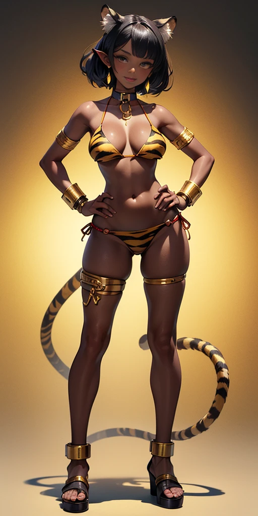 (Masterpiece, best quality, 4k) (black gyaru darkest skin) (pointy ears) (tiger tail) wearing yellowish tiger print bikini, hands on hips, full body golden = (shackles wristbands, chains, bracers, handcuffs) leather collar choker, metal sandals, big knockers, happy closed mouth red cheeks