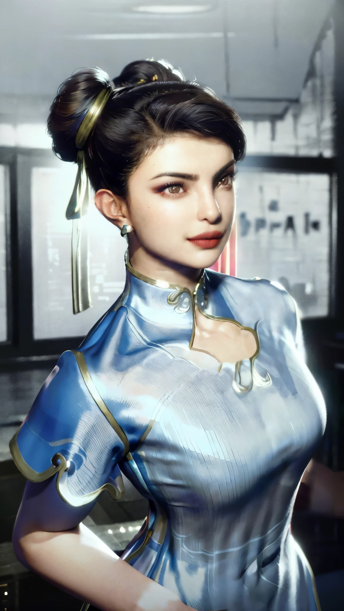 realistic, Priyanka Chopra, realism, photorealism, photo-realistic, high contrast, (photorealistic:1.4), 8k high definition detailed realistic, (best quality, masterpiece:1.2),  photon mapping, radiosity, physically-based rendering, best quality, highly detailed, 1girl, sfchunli, indoor, room light,  standing, Large breasts, thick thighs, curvy hips 