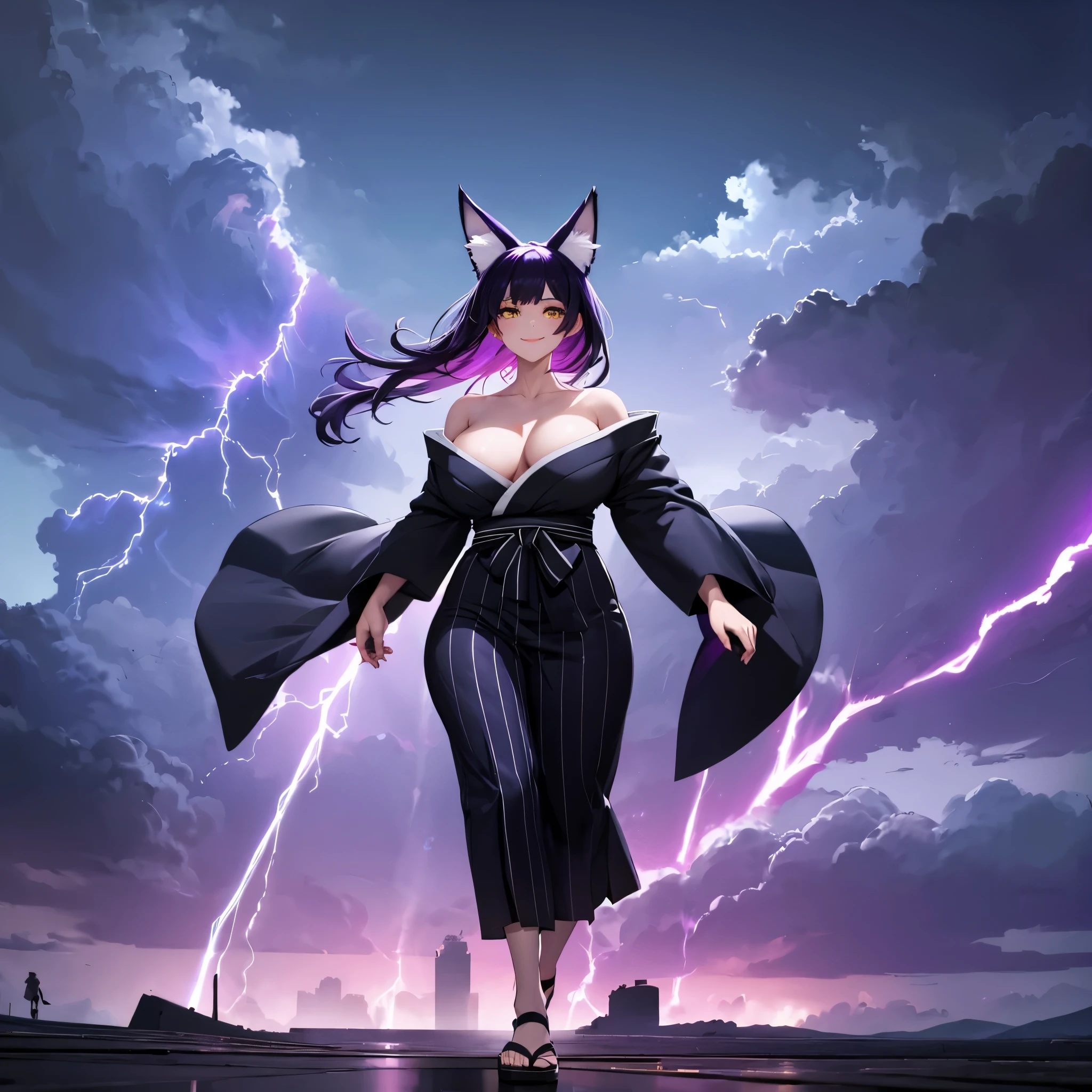 A woman wearing a traditional black yukata, traditional Japanese shoes, bare shoulders, large breasts, yellow eyes, long dark purple hair, kitsune ears, walking in an open area with a cloudy sky. sky with storm, purple lightning in the sky giving purple lightning in the sky, full body, smiling, drop shadow, atmospheric perspective, flourish, 8k, super detail, accurate, best quality, UHD, anatomically correct, textured skin, high quality, high resolution , best quality (solo woman)
