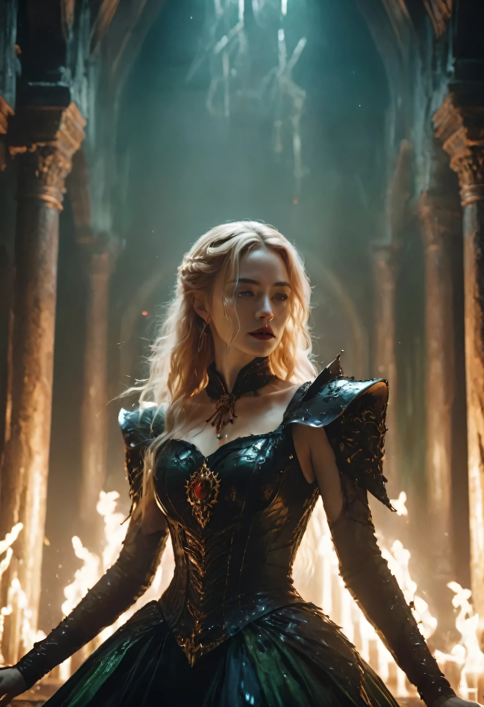 Cinematic shot: captured from distance, full lenght, full dress, standing in hall, A cruel queen, golden hair, late 30s, smirks with blood dripping from her chin. Icy blue eyes gleam. A clawed hand in a black gauntlet displays a grotesque (ring) - black metal, Blood splatters the ring and drips down her fingers. The background blurs into a decaying throne room, bathed in an unnatural green moonlight. Art style: cinematic, hyperrealistic, dark fantasy.