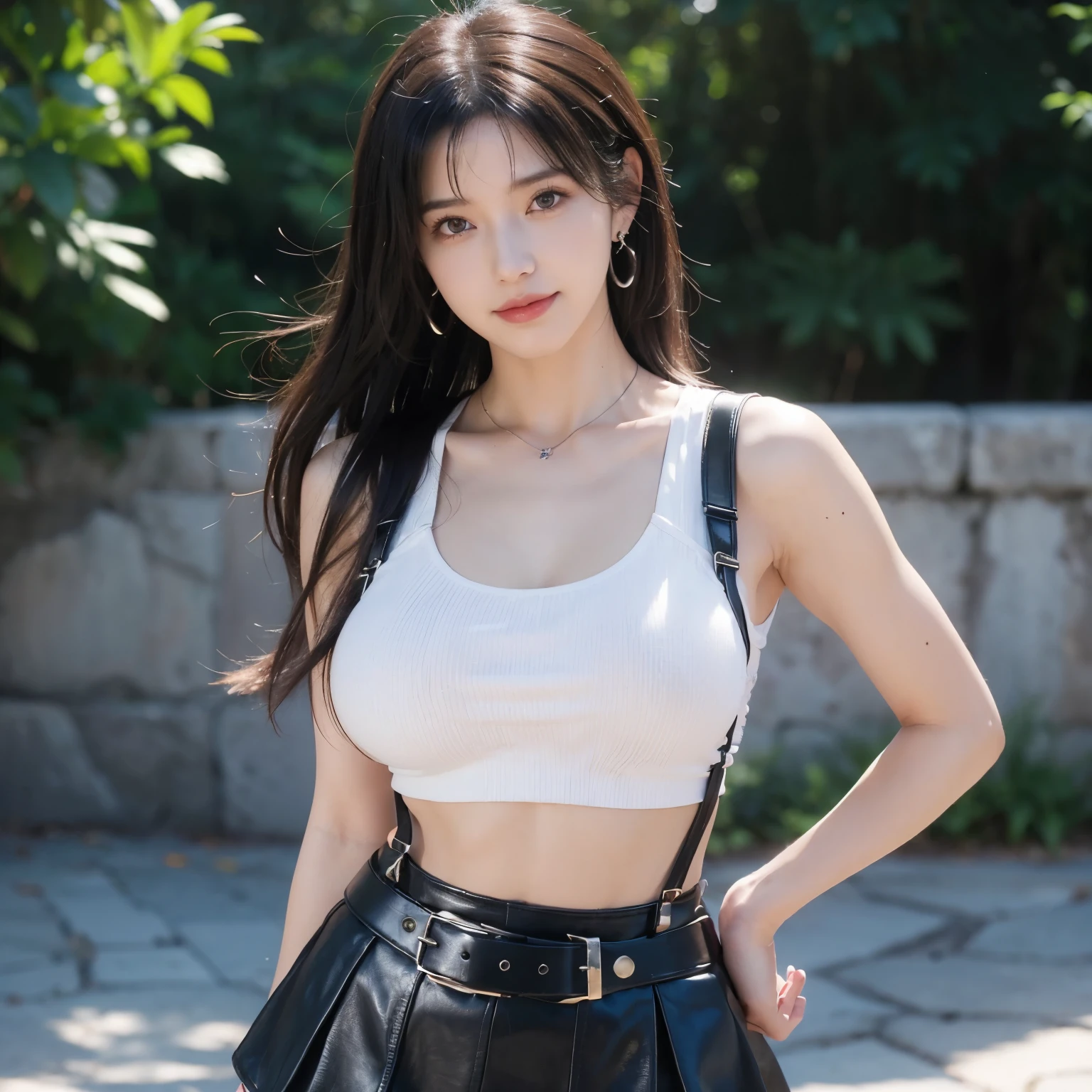 ((masterpiece)), (NSFW), (UHD), (detailed skin, detailed hair, detailed eyes, detailed finger, detailed fabric), ((final fantasy 7), (Tifa Lockhart)), 1girl, beautiful young girl, (big eyes, red eyes), (black hair, very long hair), ((natural large breasts:1.2)), hourglass body shape, slim, (happy smile), realistic, parted lips, ((Leather) (mini skirt)), (White crop top, sleeveless, Black belt, black braces with buckles, suspenders), earrings, jewelry, bangs, full body view, camera focus on character, dynamic pose, red hand gear, outdoor