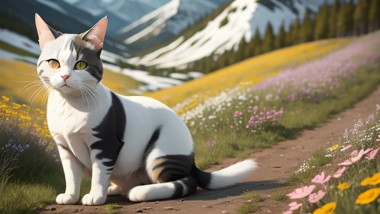 A round-eyed calico cat(grey and white color), wildflowers,Far Mountain, ln the forest
