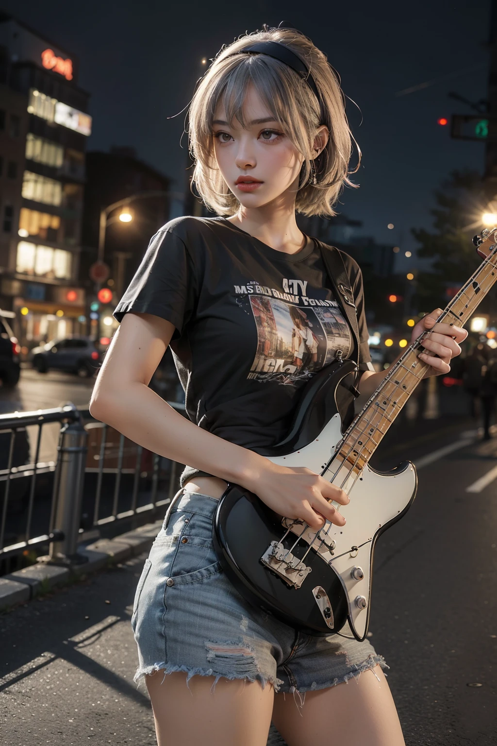 ((highest quality)), ((masterpiece)), (detailed), Perfect Face　A girl playing the bass while looking down　City　night　rock　metal　Gray Hair　Band T-shirt　Landscape