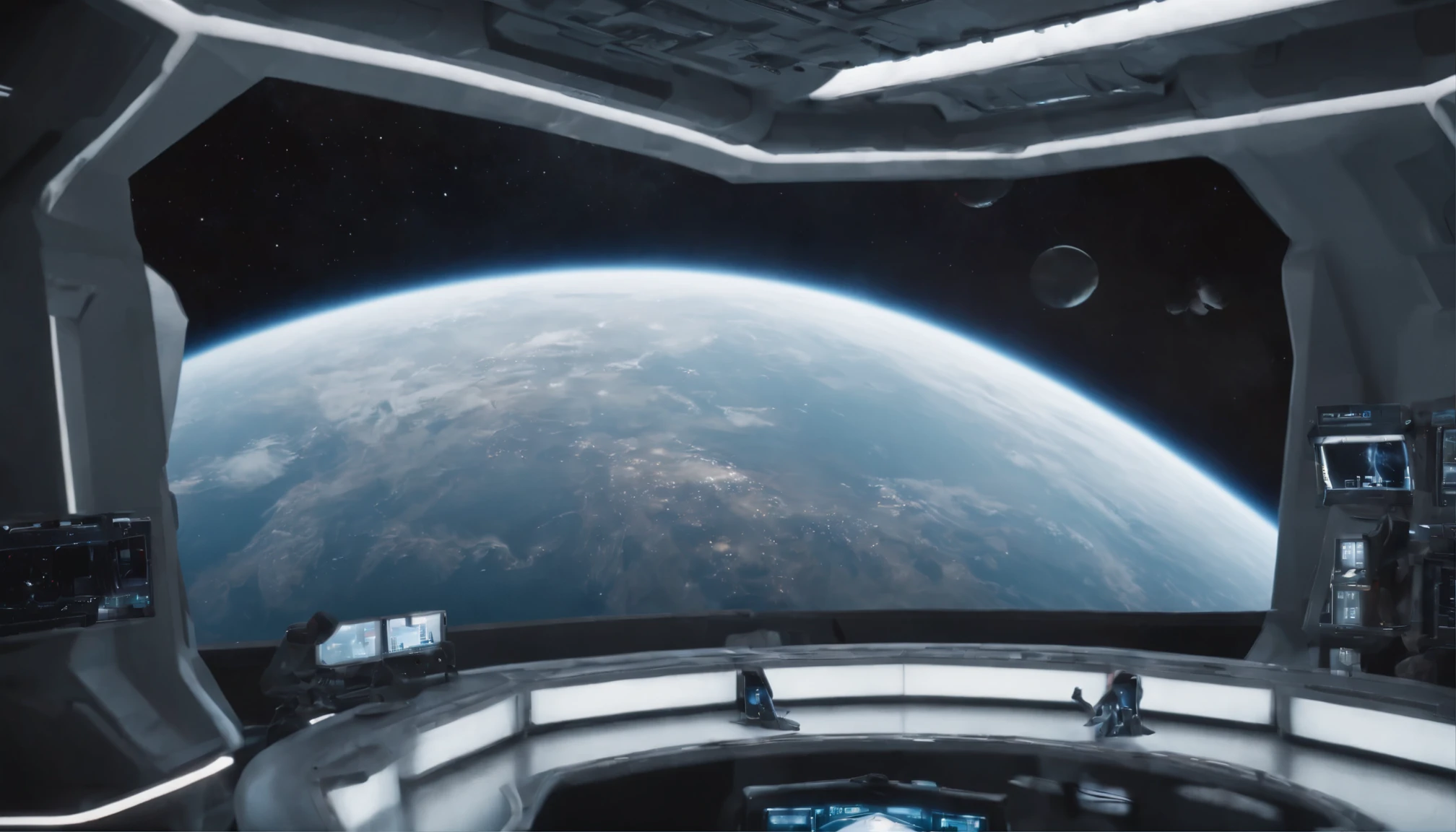 Spaceship exterior. From the window you can see an alien landscape, There are work consoles with electronic devices and screens throughout the space., Full HD
